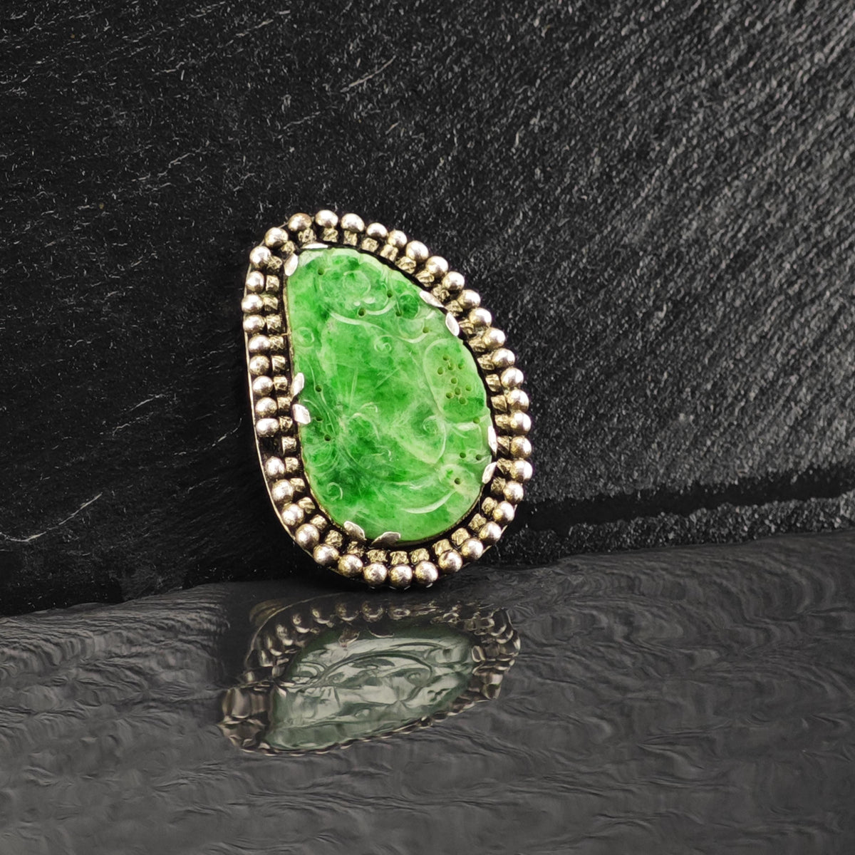 AS IS Carved Jadeite Jade Sterling Silver Fur Clip MISC0415