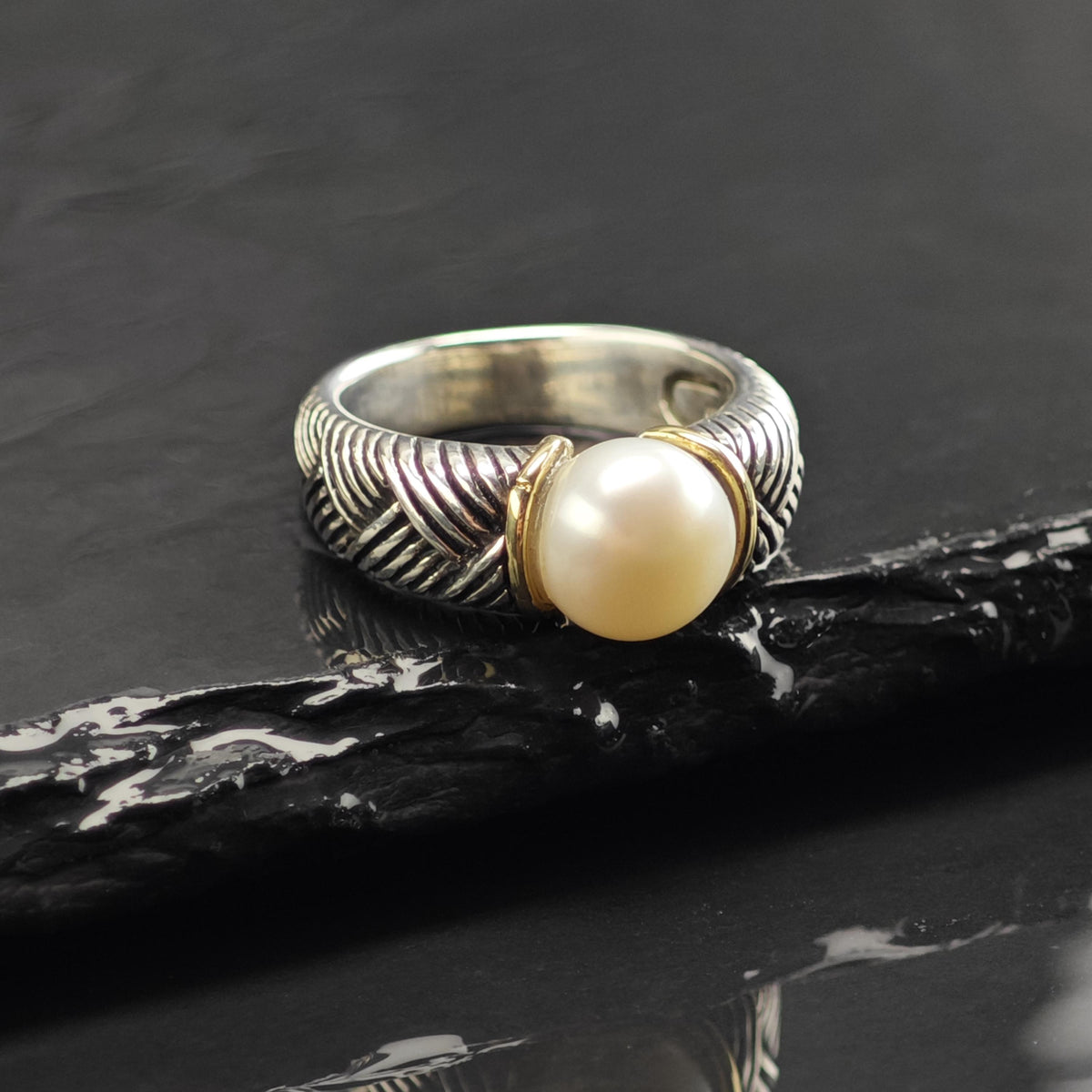Pearl 14K Gold Accent Sterling Silver Ring Sz 7 R6732