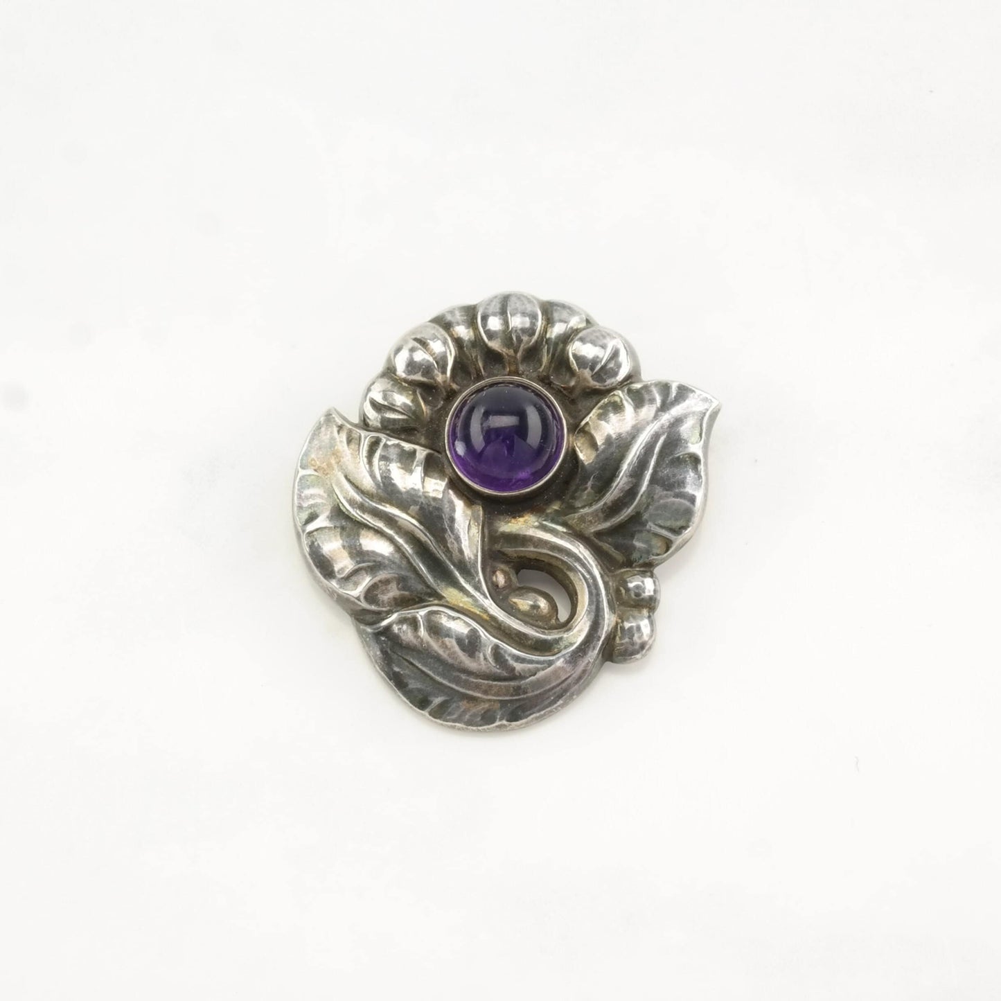 Vintage Georg Jensen Sterling Silver Brooch Leaf, 71 Purple Amethyst