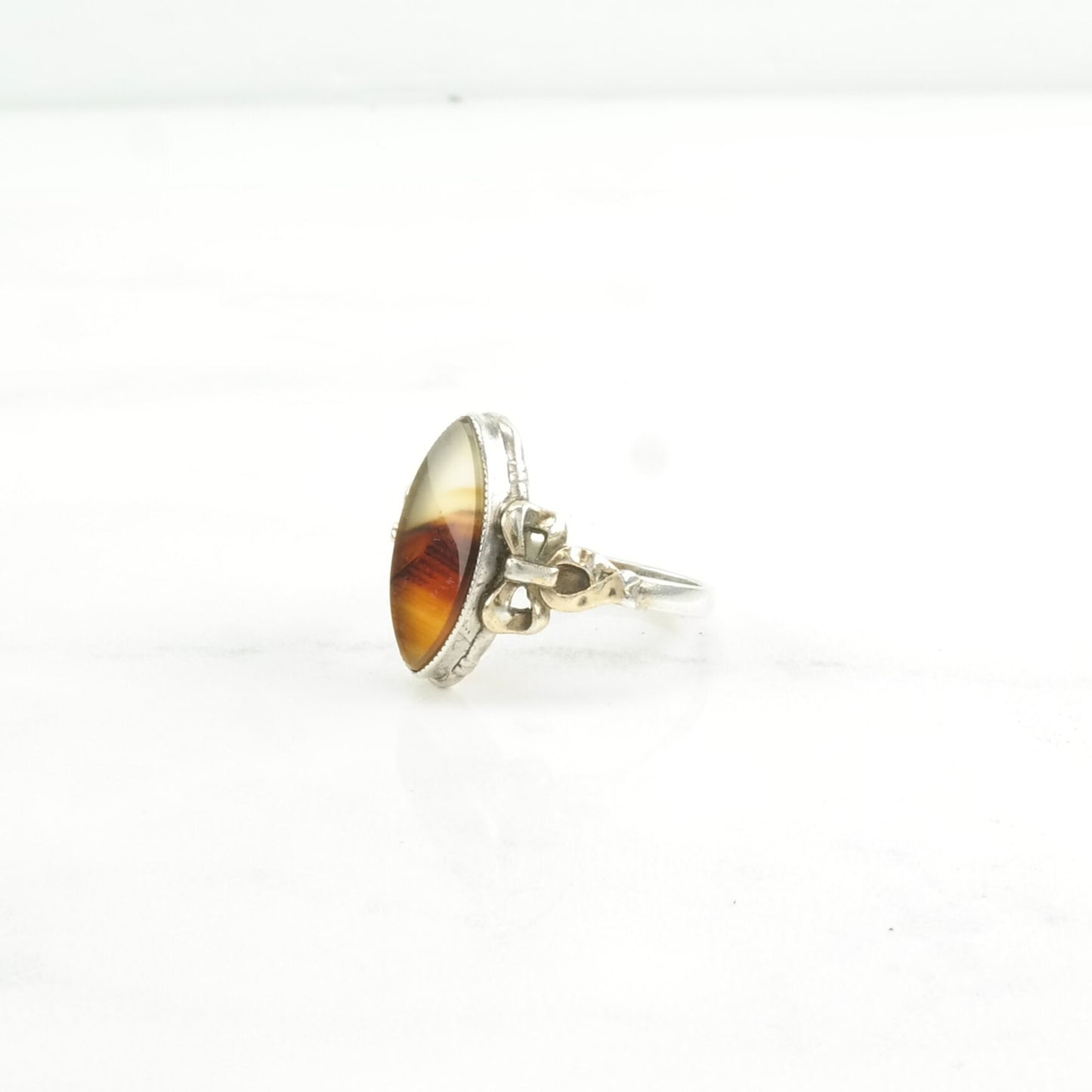 Art Deco Silver Ring Dendric Agate 10K Gold Accents Sterling Size 7 1/4