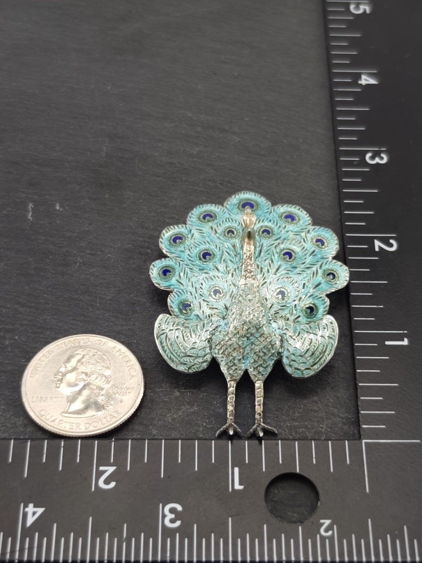 Vintage Siam, Enamel, Peacock Sterling Silver Brooch