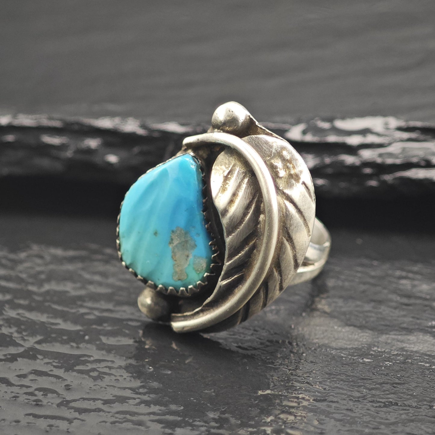 Zuni Carved Turquoise Sterling Silver Ring Sz 4 1/2 R6674