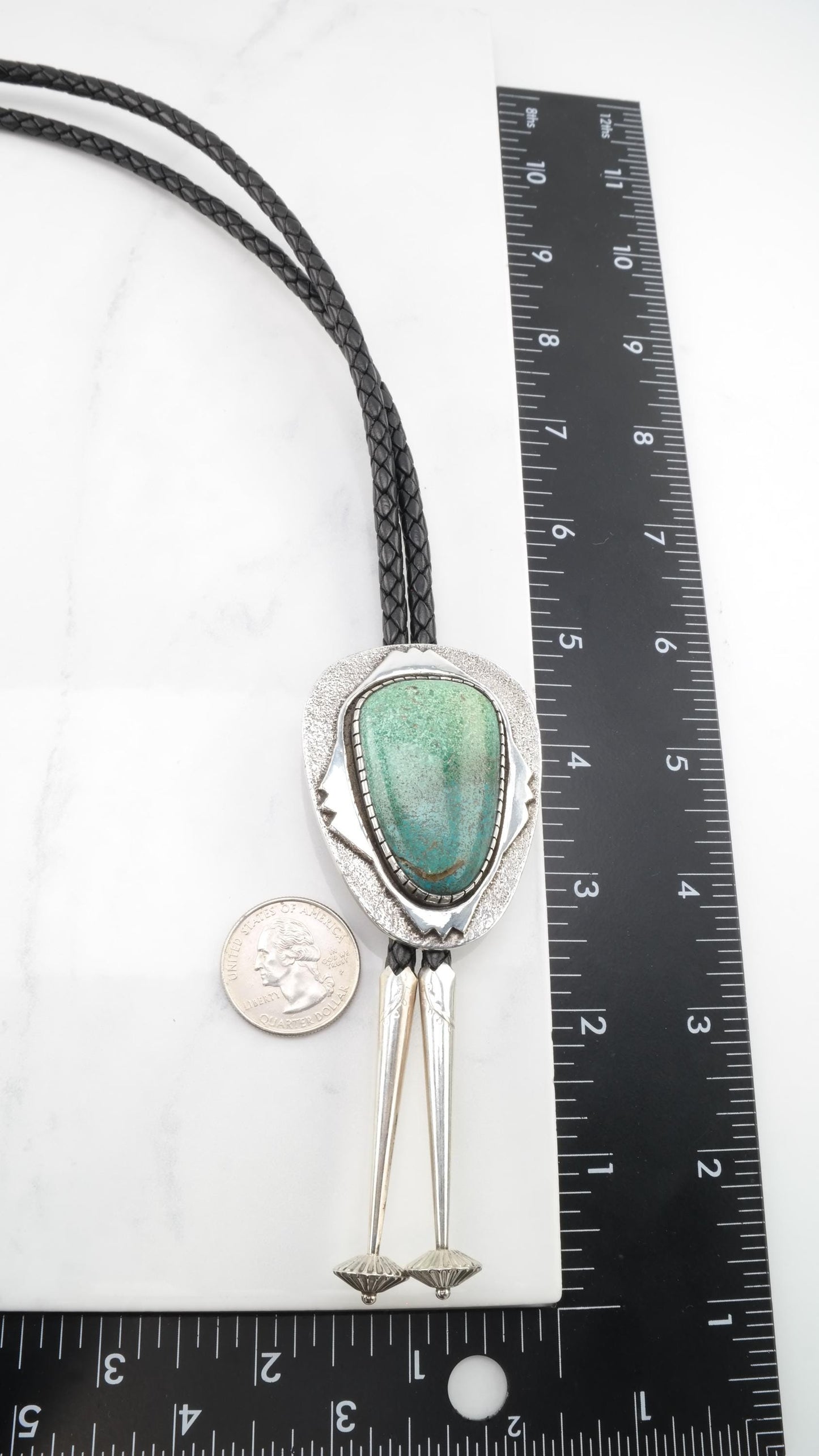 Rare Navajo Bolo Tie | Charles Singer Sterling Silver & Tufa Cast Turquoise | Southwestern Jewelry | 1970s