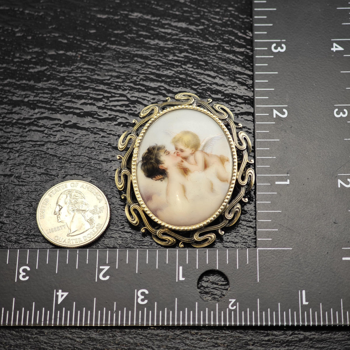 French Porcelain Painted Cupids Kiss Sterling Silver Brooch B2239