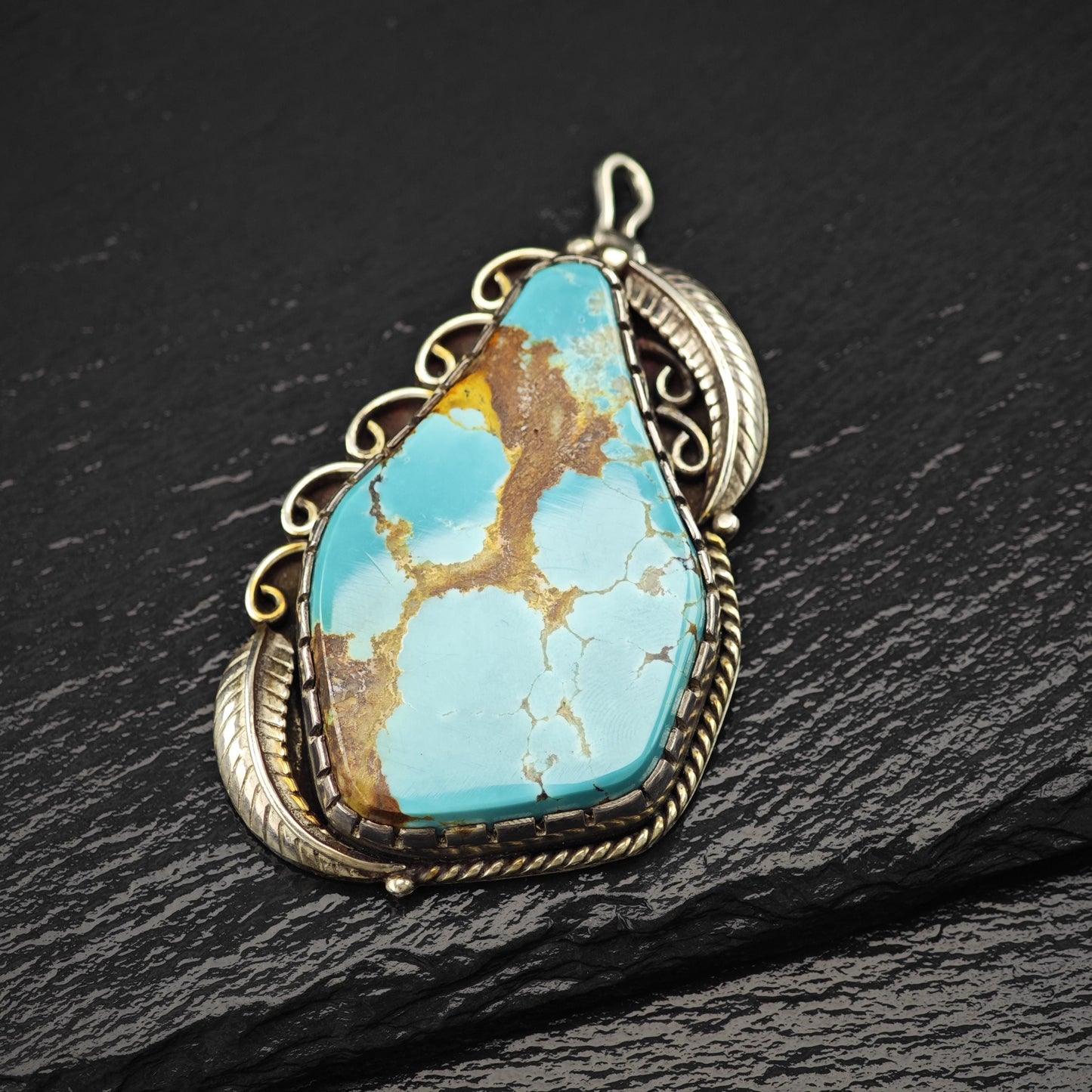 Lg Navajo Turquoise Feather Pendant Sterling Silver P2836