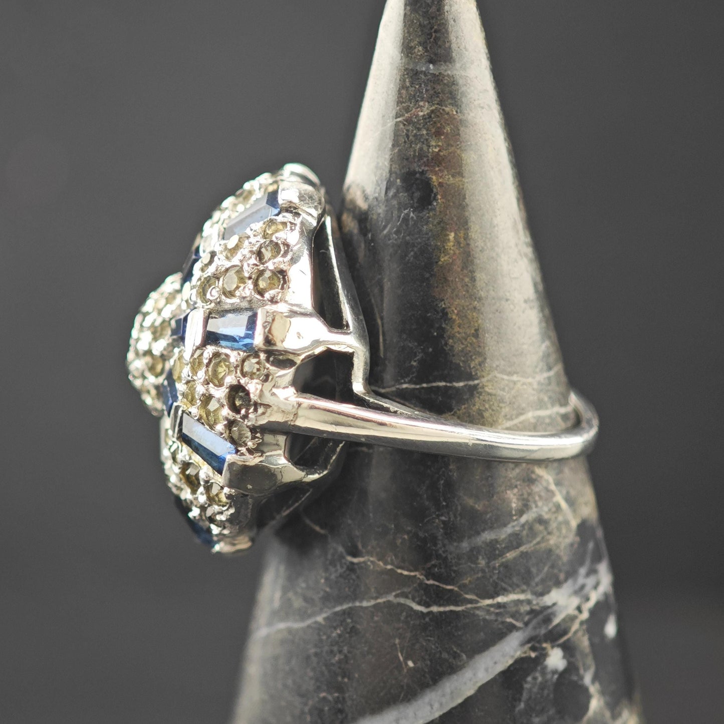 Art Deco Blue and White Dome Ring Sterling Silver Shank
