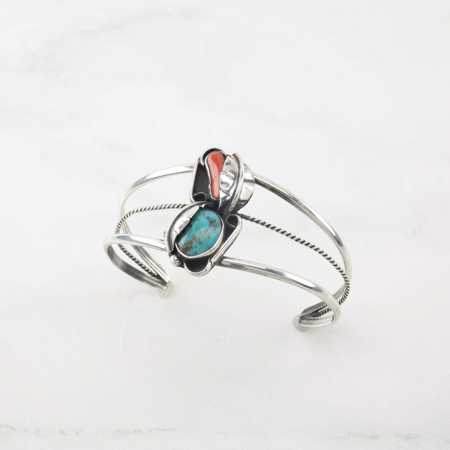 Southwest Turquoise, Coral Feather, Shadow Box Sterling Silver Cuff Bracelet