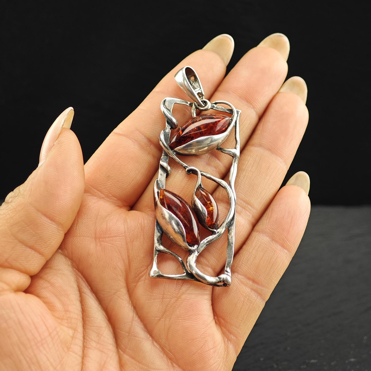 Art Nouveau Style Amber, Floral Pendant Sterling Silver