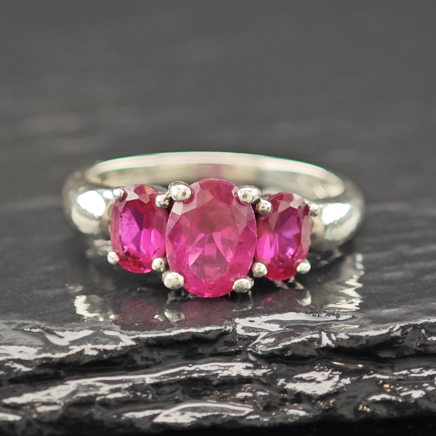 Pink Sapphire 3 Stone Ring Sterling Silver Sz 8 R6190