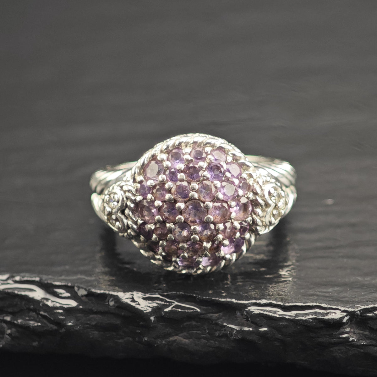 Judith Ripka Amethyst Cluster, CZ Sterling Silver Ring Sz 6 R6757