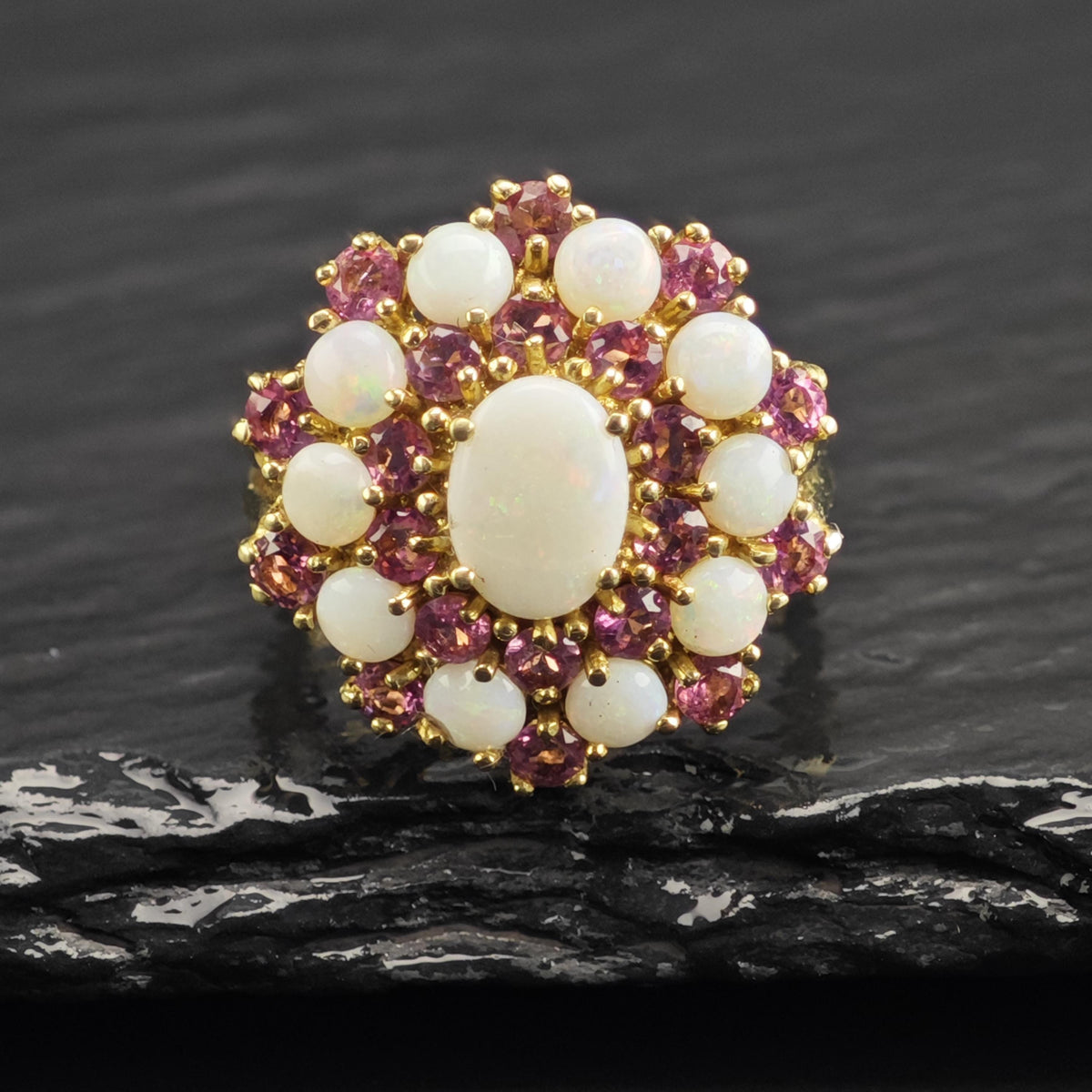 Natural Opal Pink Tourmaline Cluster 10K Gold Ring Sz 6 3/4 R6767