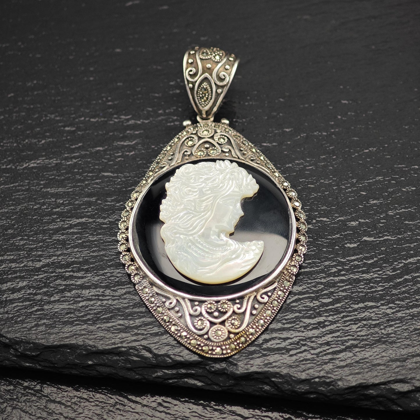 Cameo Pendant in Sterling Silver with MOP Onyx Marcasite P2755