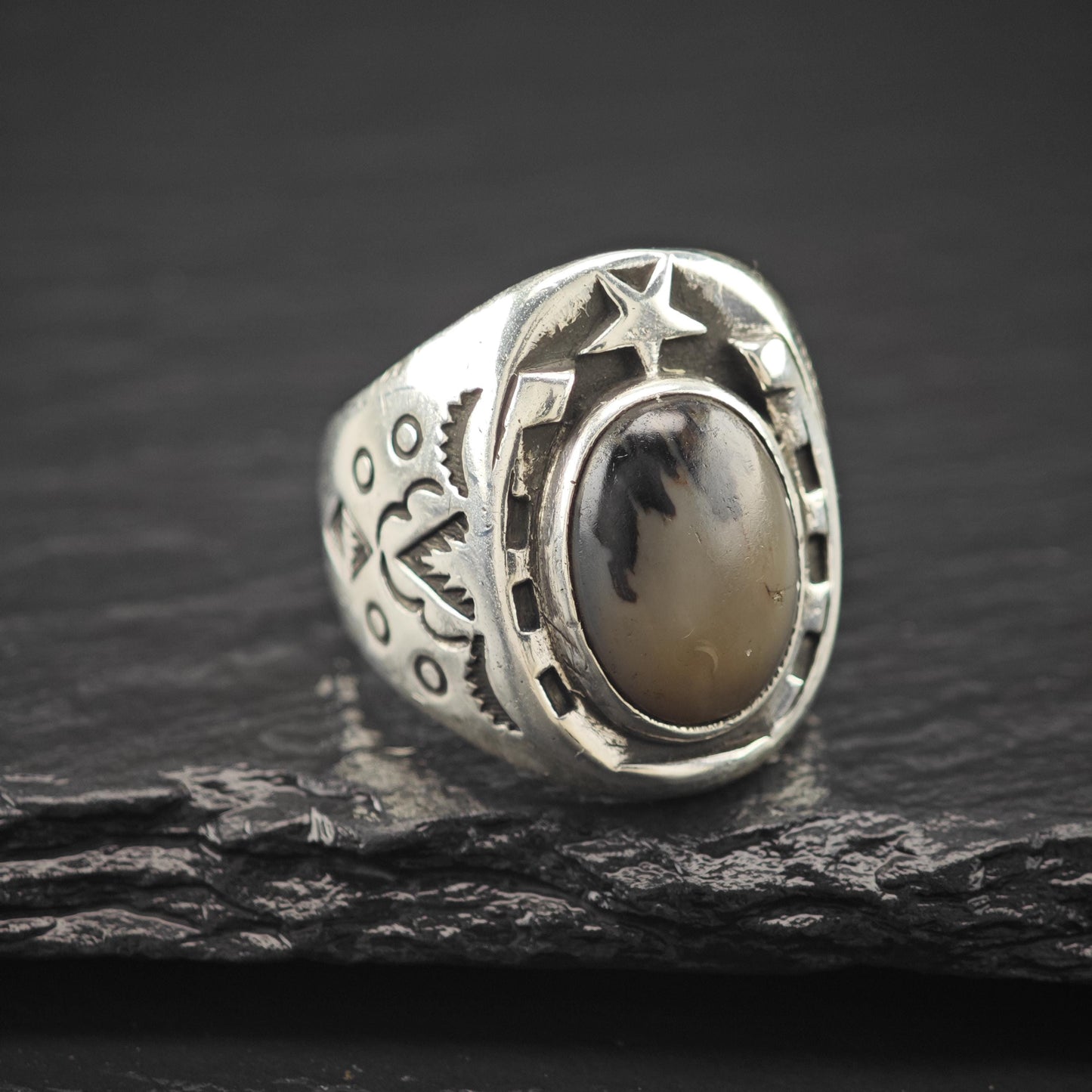 Sterling Bell Horseshoe Silver Ring Petrified Wood