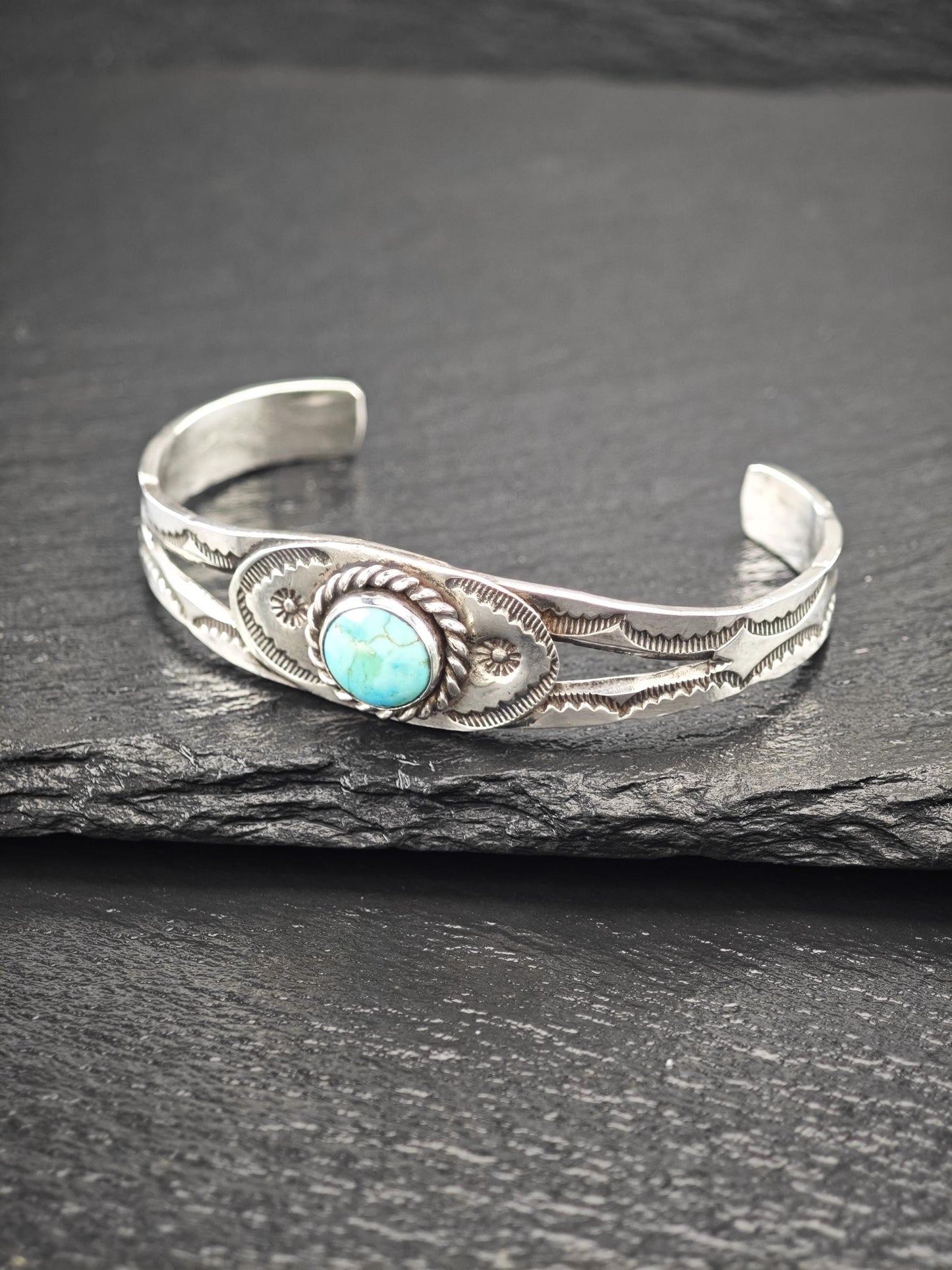 Native American Turquoise, Stamped Cuff Bracelet Sterling Silver
