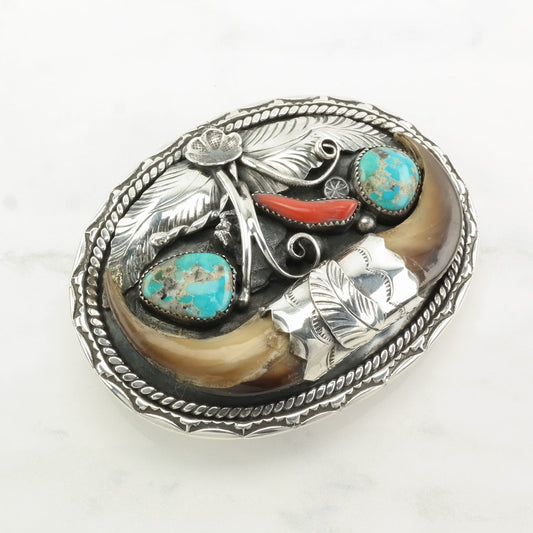Native American Huge Belt Buckle Turquoise Coral Feather Floral Sterling Silver