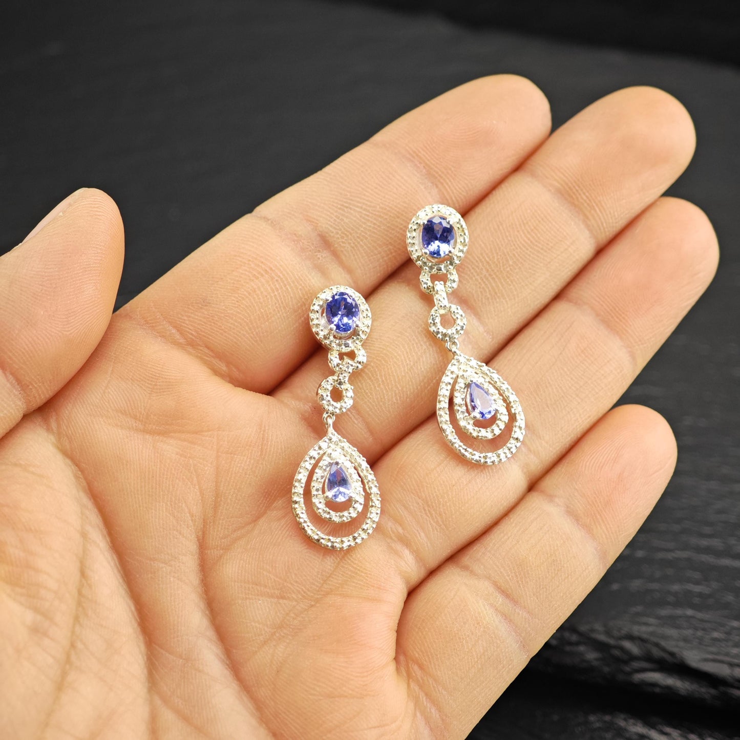 Purple Tanzanite Teardrop Stud/Dangle Sterling Silver Earrings ER3185