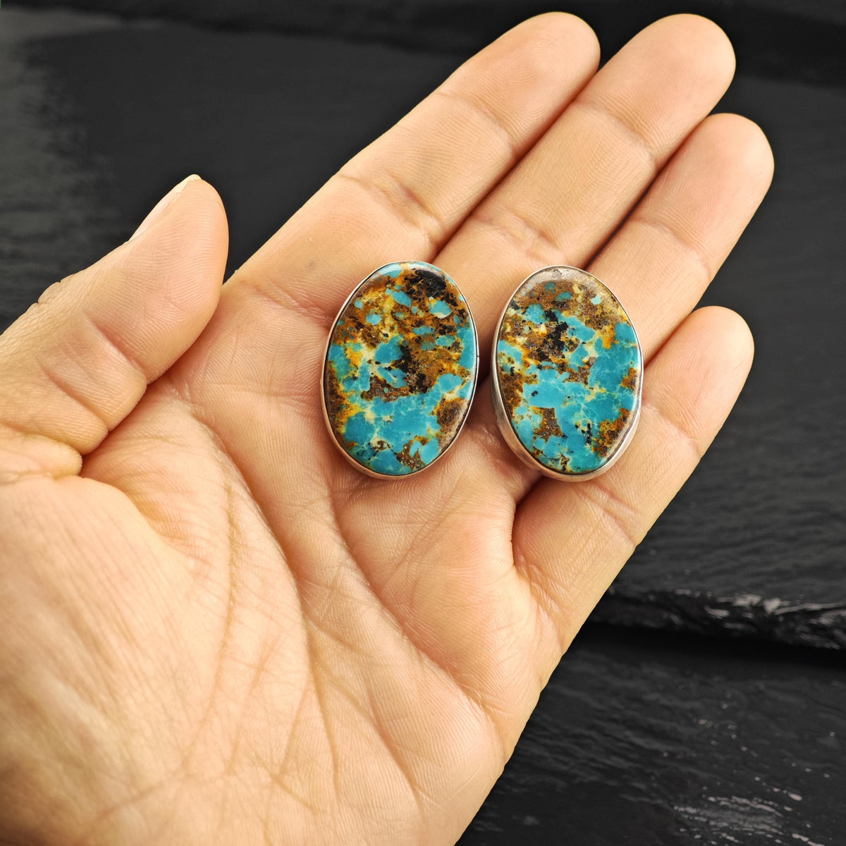 Vintage Navajo Spiderweb Turquoise Stud Sterling Silver Earrings ER3232
