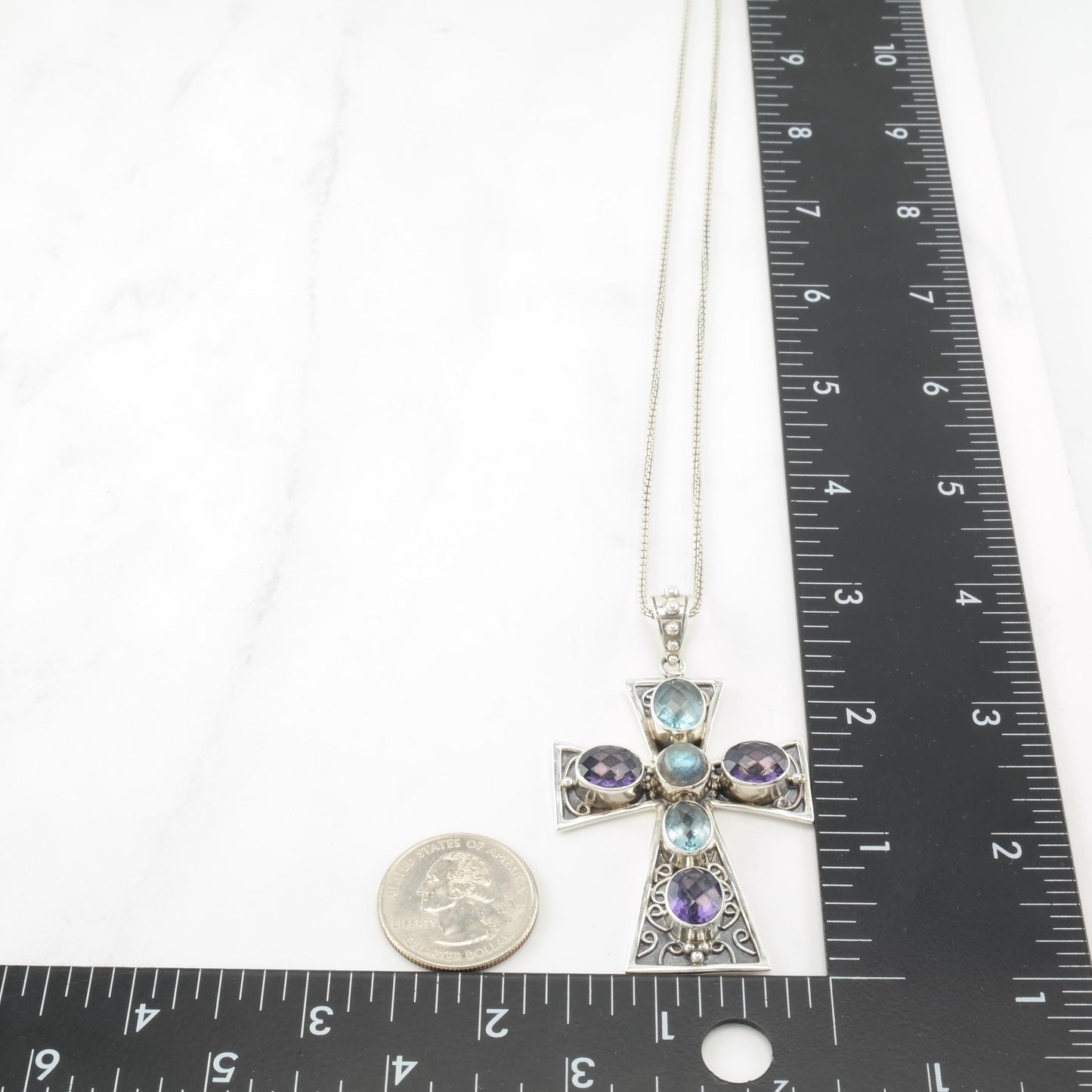 Vintage Nicky Butler Gemstone Sterling Silver Cross Necklace N2410