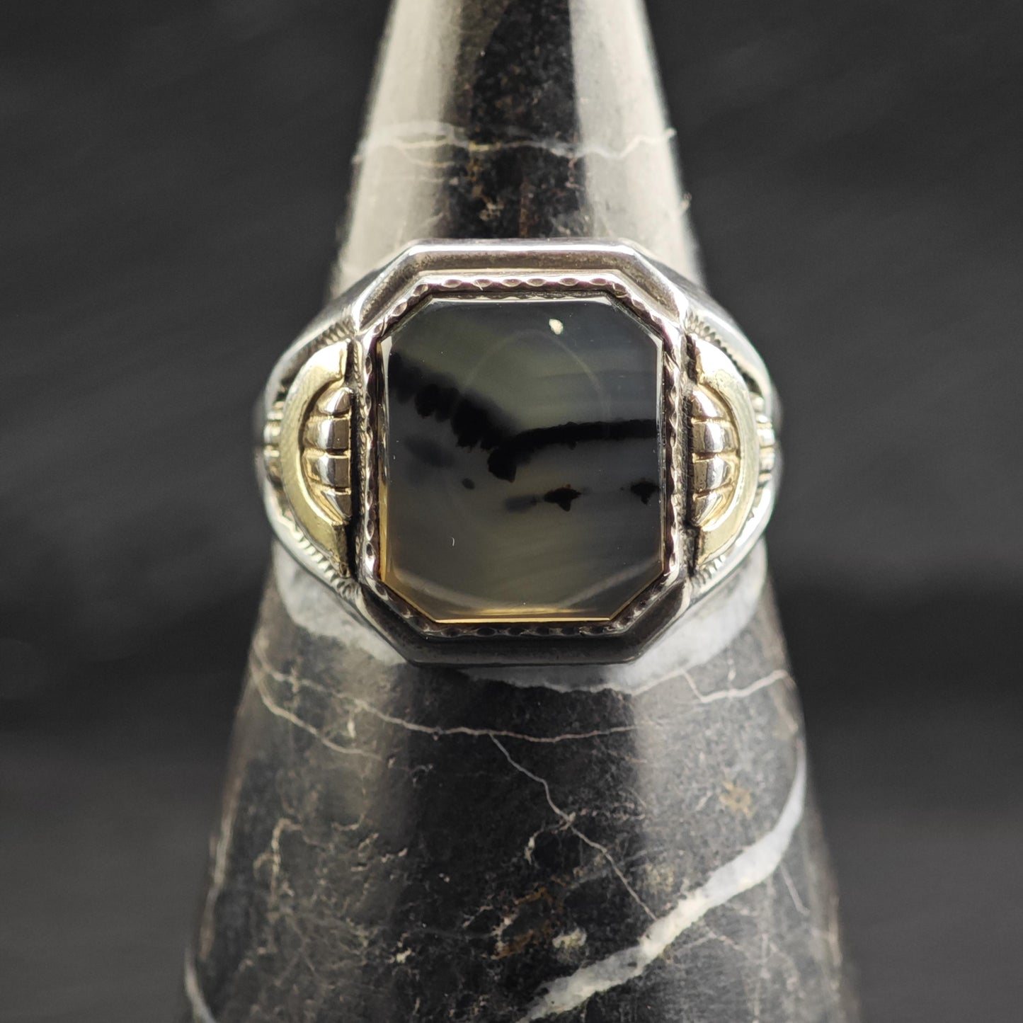 Art Deco Dendritic Moss Agate Signet Sterling Silver Ring Sz 11 1/2 R6719