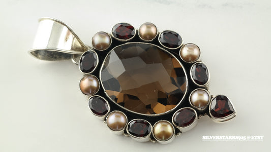 Quartz, Garnet, Pearl Sterling Silver Pendant