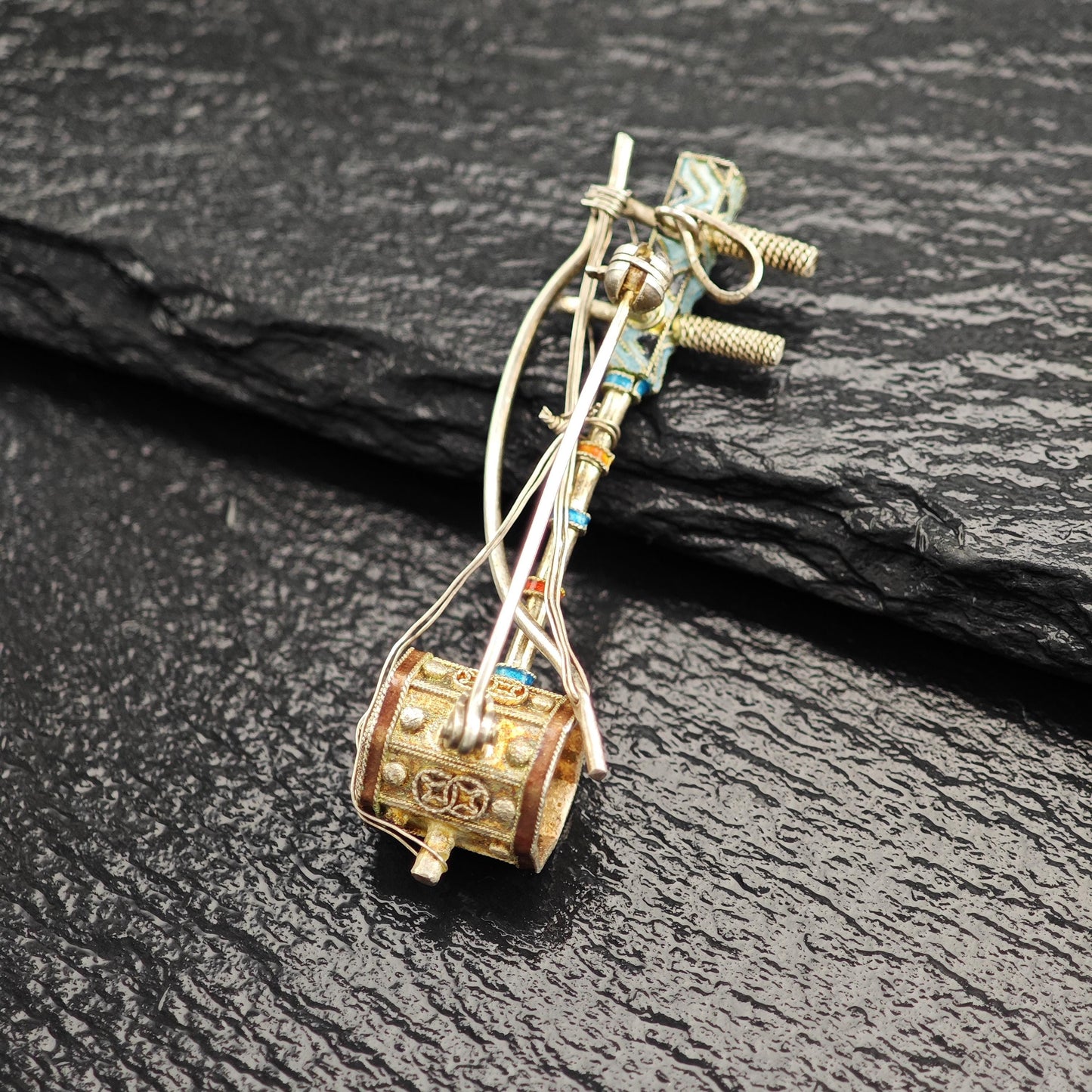 Chinese Export Erhu, Musical Instrument Enamel Brooch/Pendant Sterling Silver