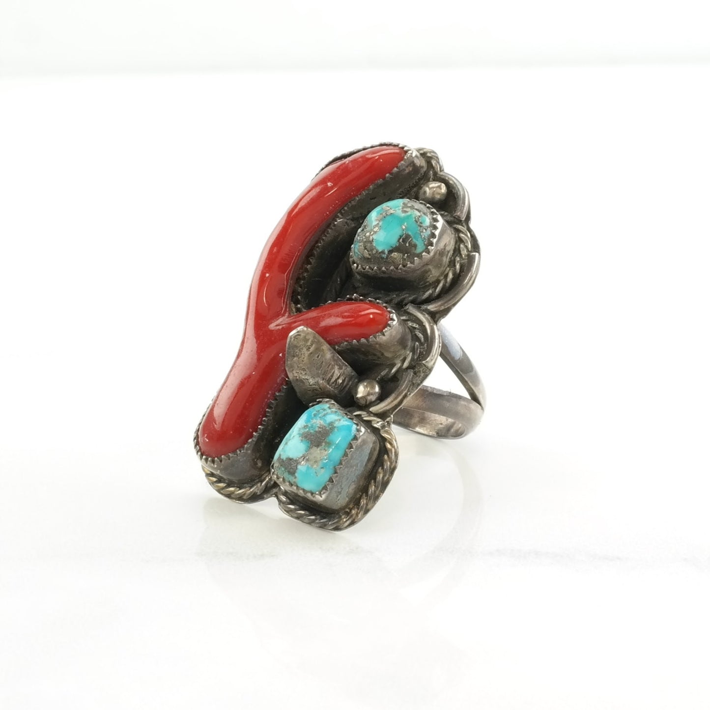 Native American Silver Ring Turquoise, Coral Sterling Blue, Red Size 7