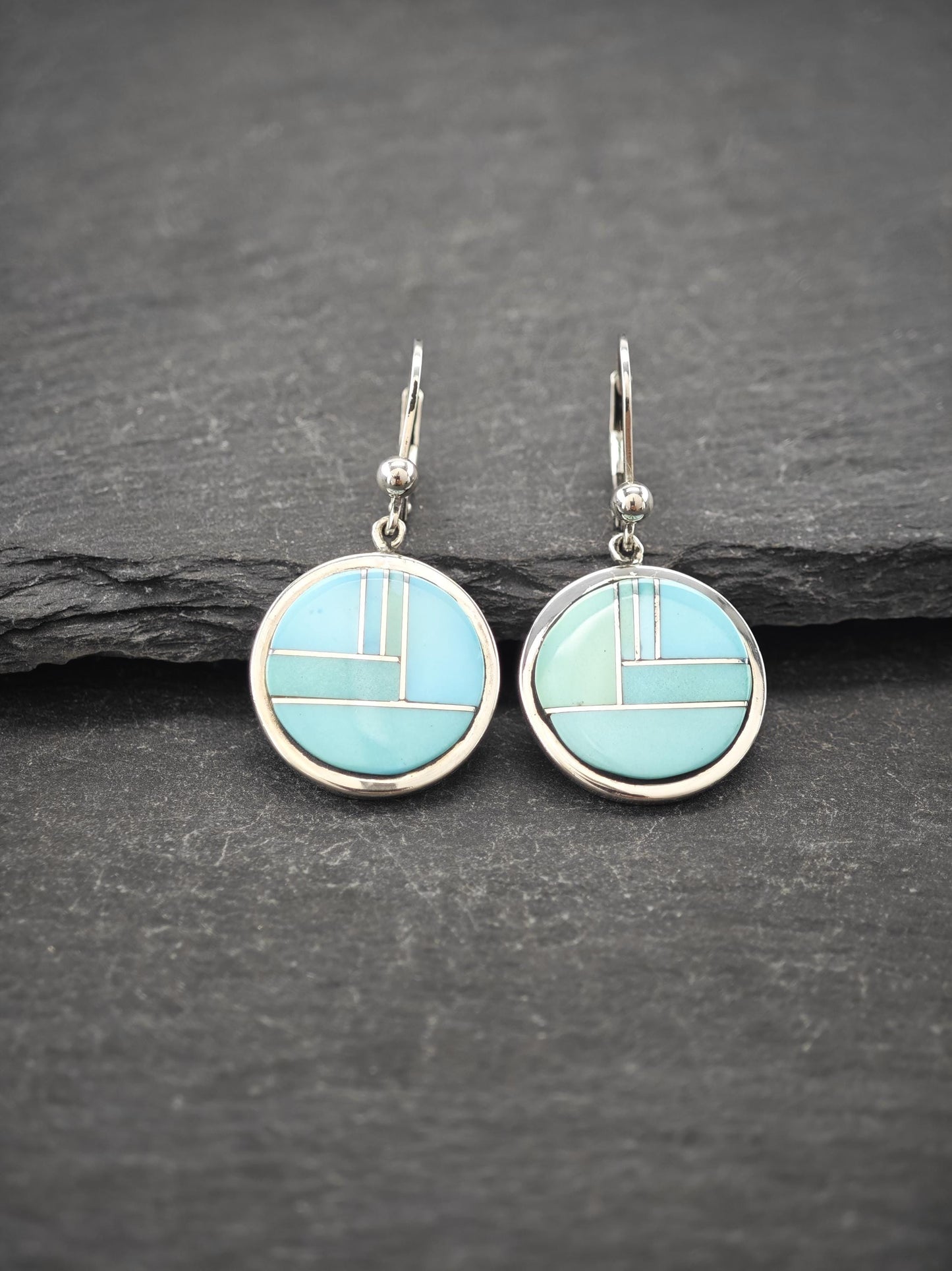 Calvin Begay, TSF, Native American Inlay Lever Back Earrings Sterling Silver