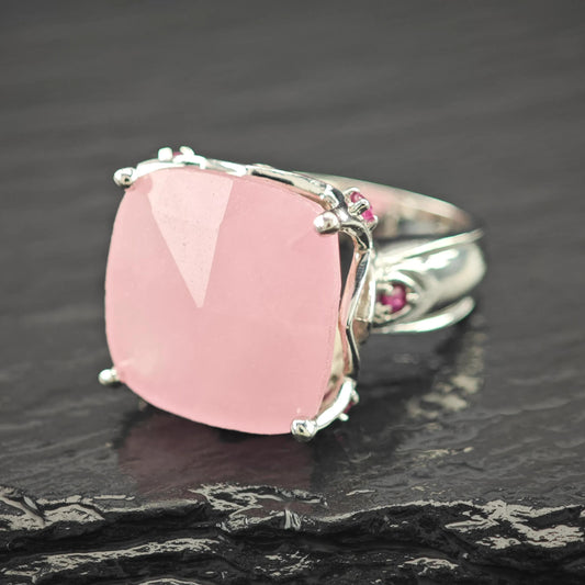 Large Faceted Pink Gemstone, Ruby Accents Ring Sterling Silver Size 8