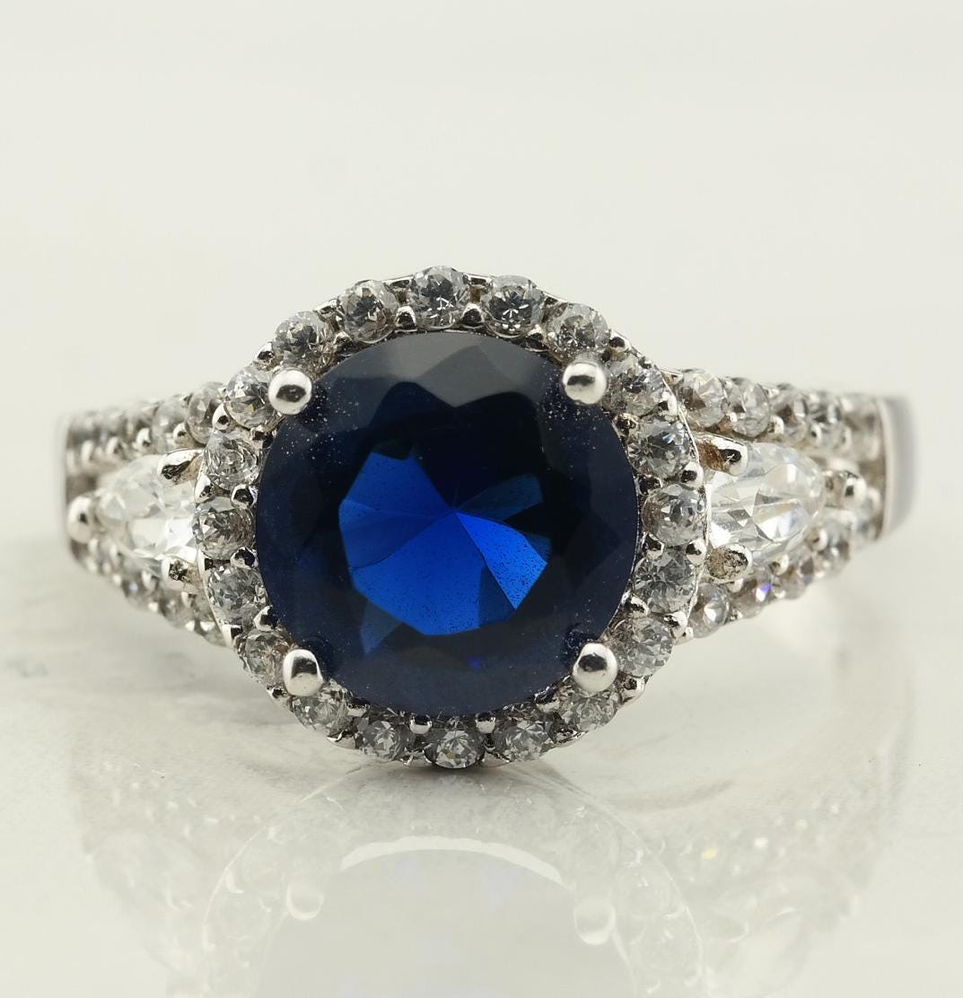 Vintage Sterling Silver Ring Paste CZ Blue Size 8