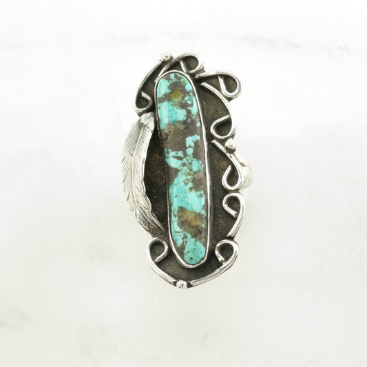 Native American Silver Ring Turquoise Leaf, Large Sterling Blue Size 6 3/4