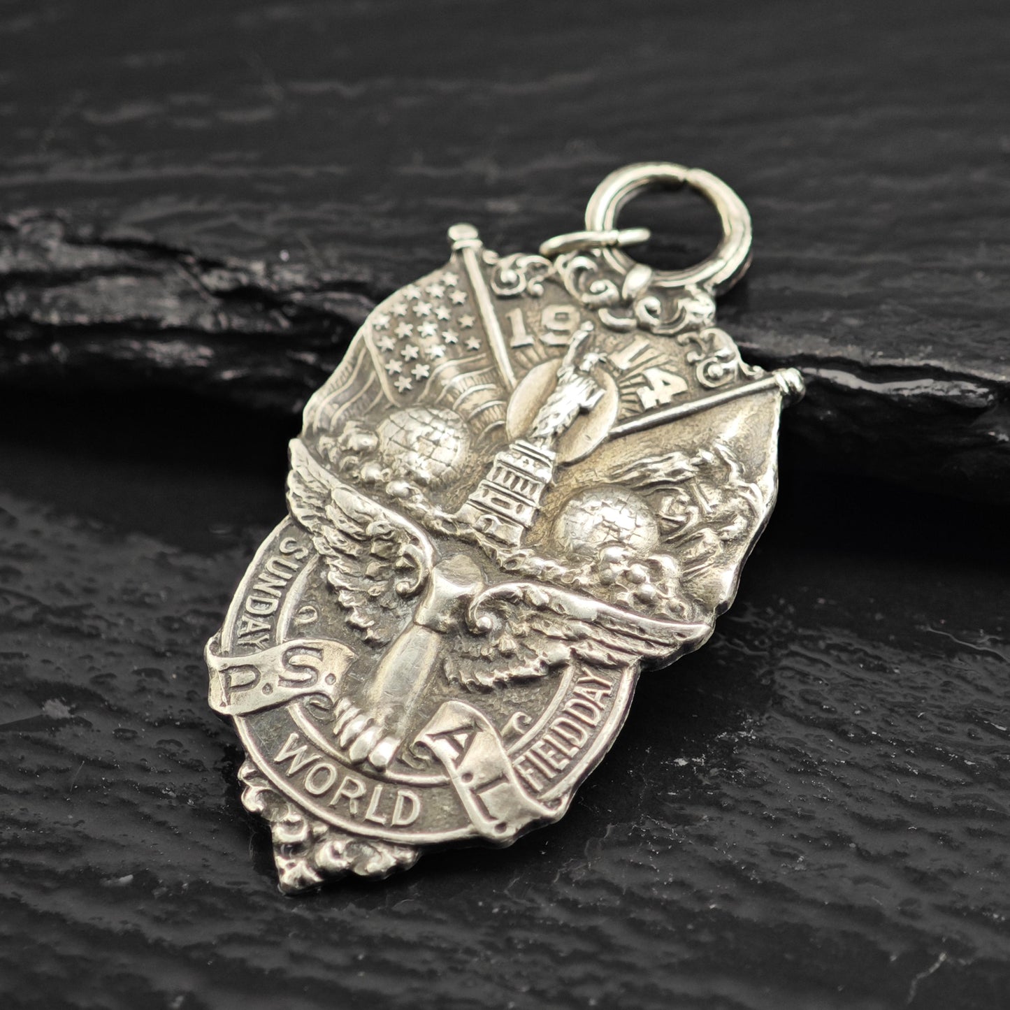 Antique 1914 Sunday World New York City Track Medal Sterling Silver Pendant P3068