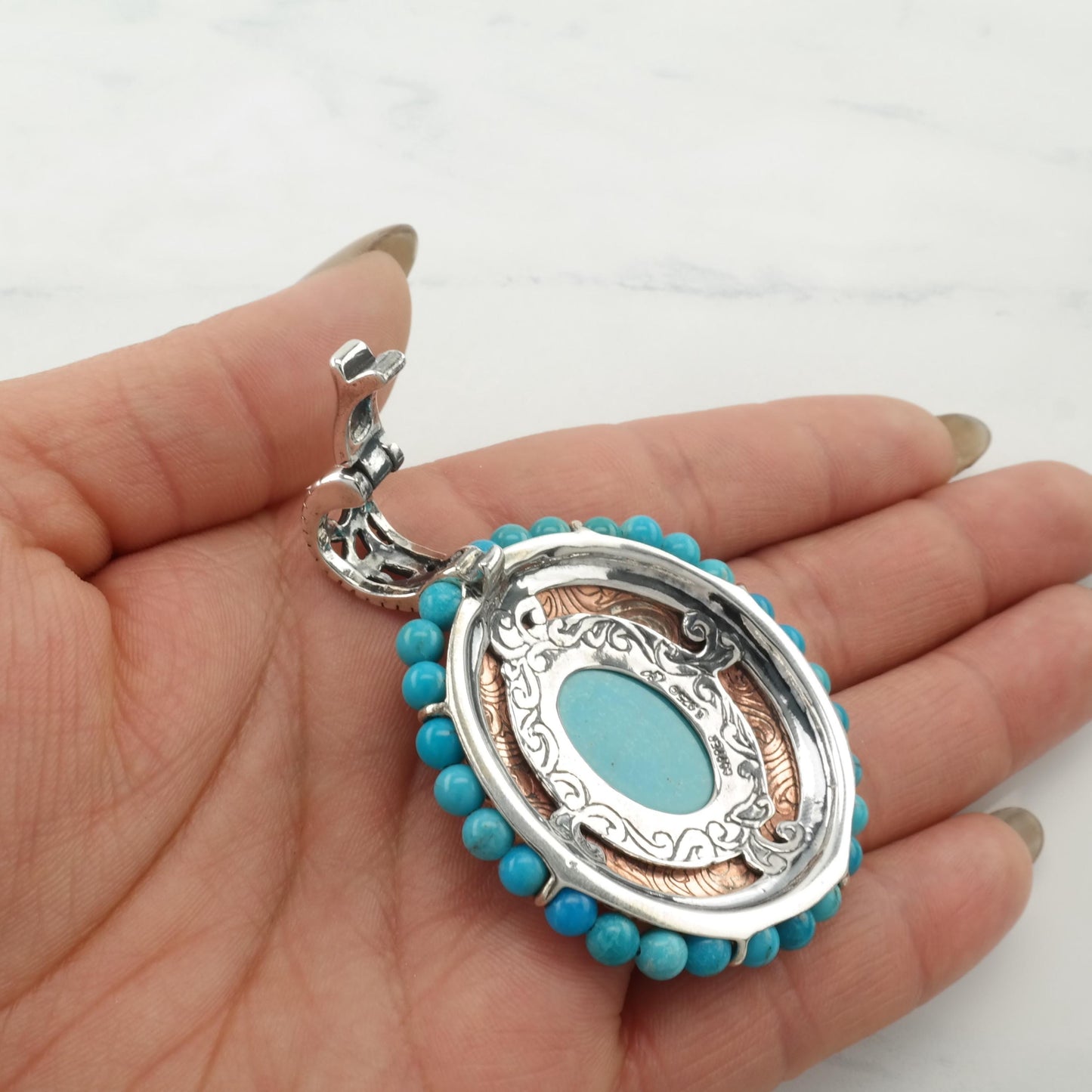 Small Dent Vintage Carolyn Pollack Turquoise Pendant Copper Filigree Sterling Silver