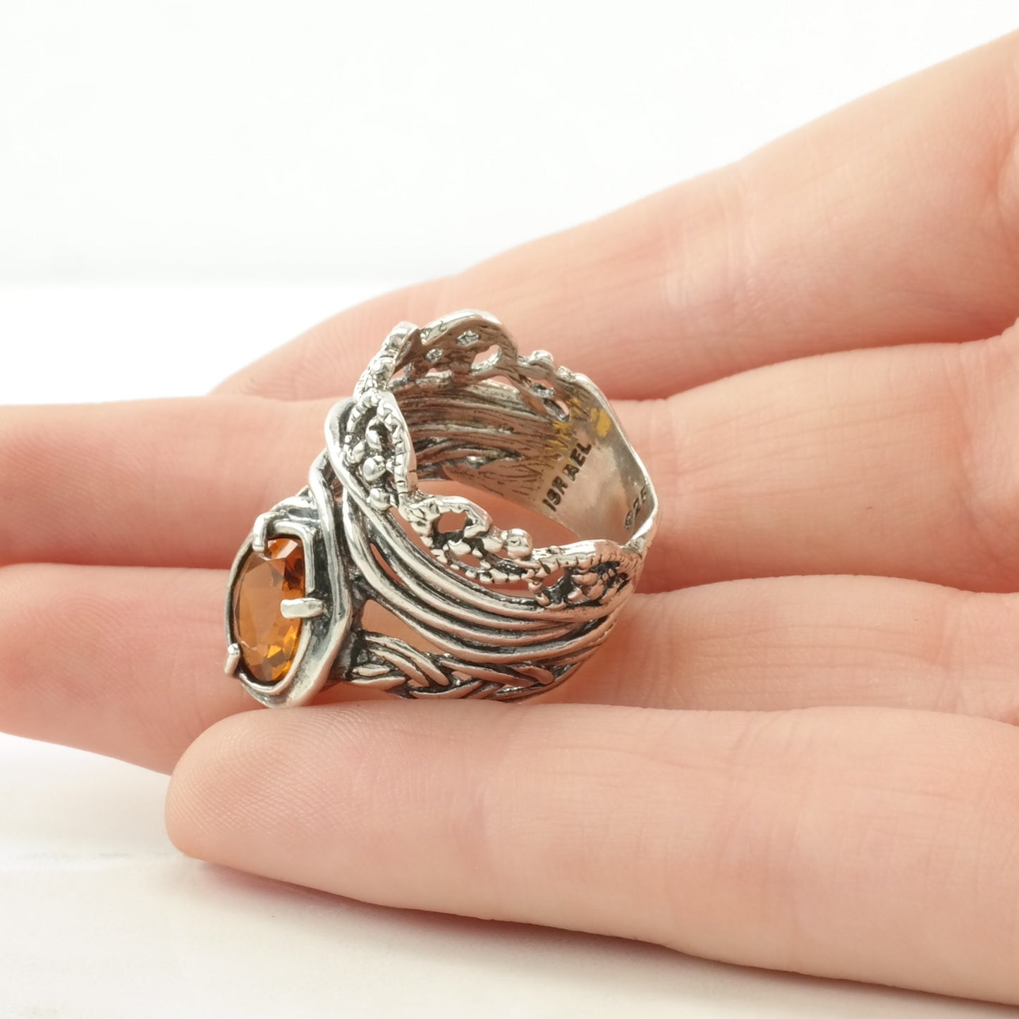 Israel Silver Ring Citrine Woven Sterling Orange Size 5 1/4