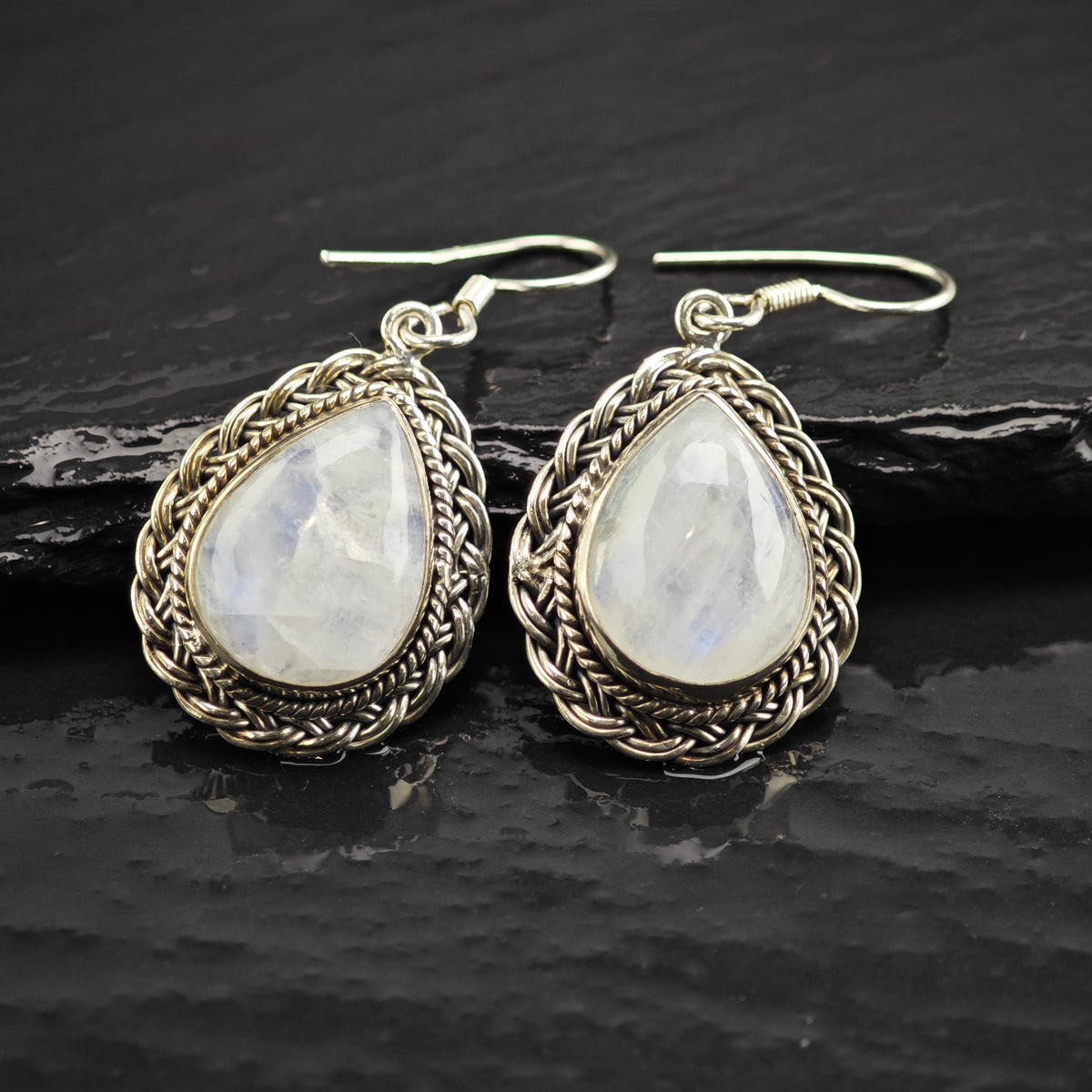 Teardrop Moonstone Braided Detail Sterling Silver Dangle Earrings ER3214