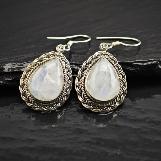 Teardrop Moonstone Braided Detail Sterling Silver Dangle Earrings ER3214