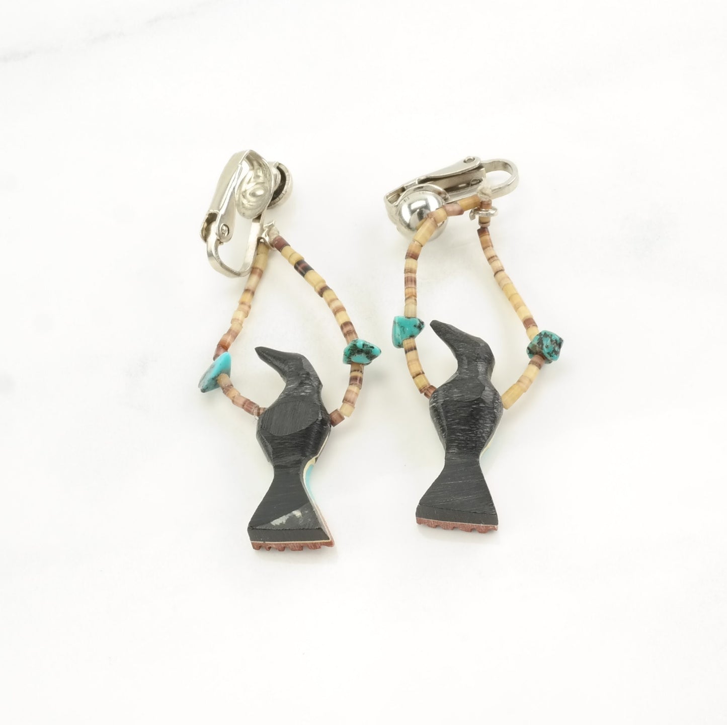 Vintage Native American Turquoise, Jet Bird, Heishi Earrings Clip on, dangle