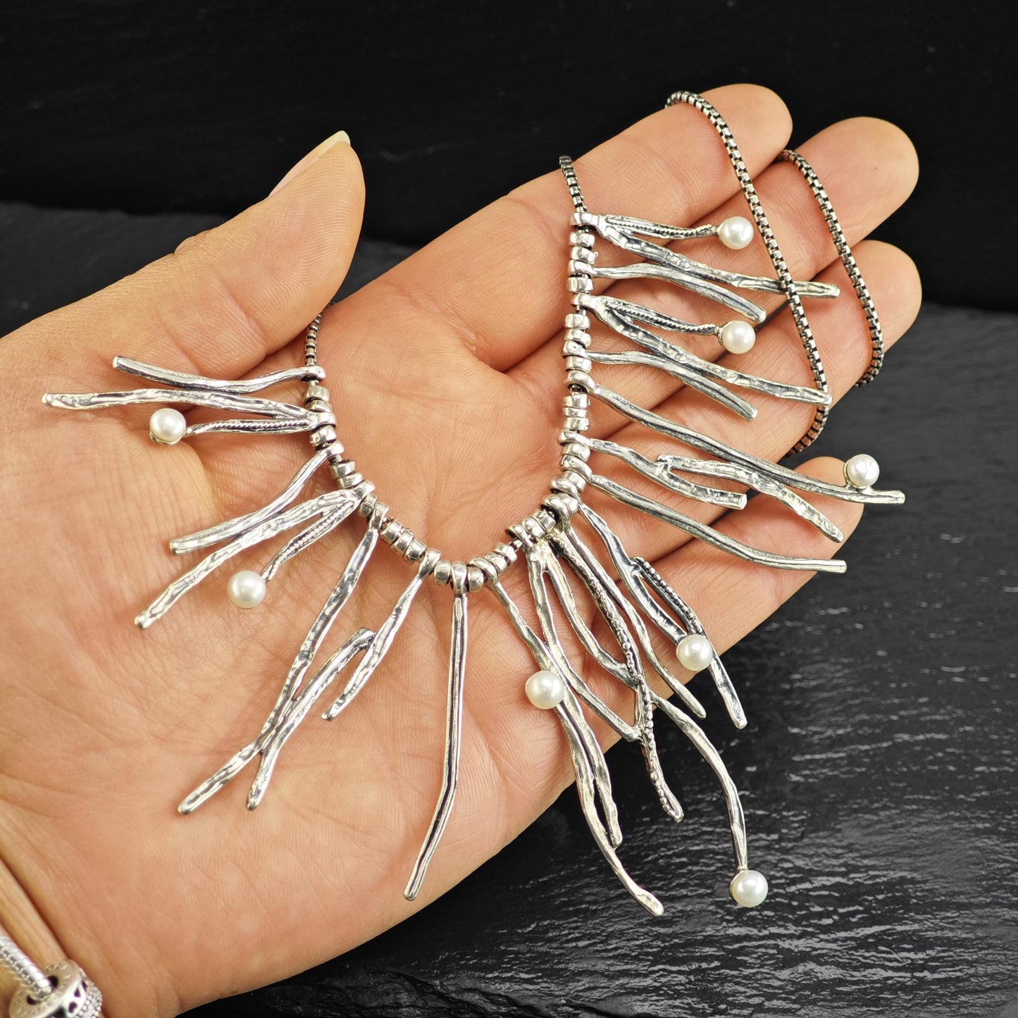 Abstract White Pearl Sterling Silver Necklace N2732