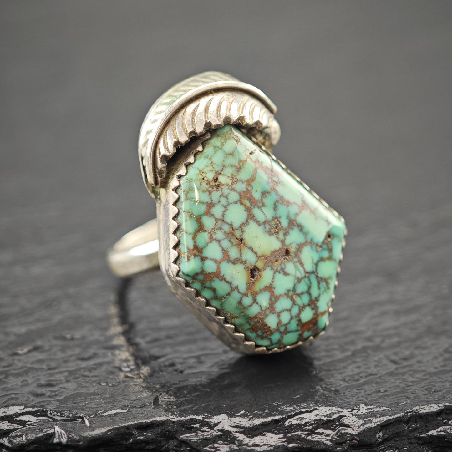 Native American Spiderweb Green Turquoise Ring Sterling Silver Sz 6