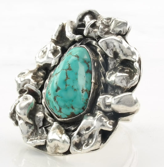 Vintage Southwest Silver Ring Turquoise Brutalist Style Sterling Size 8 1/2