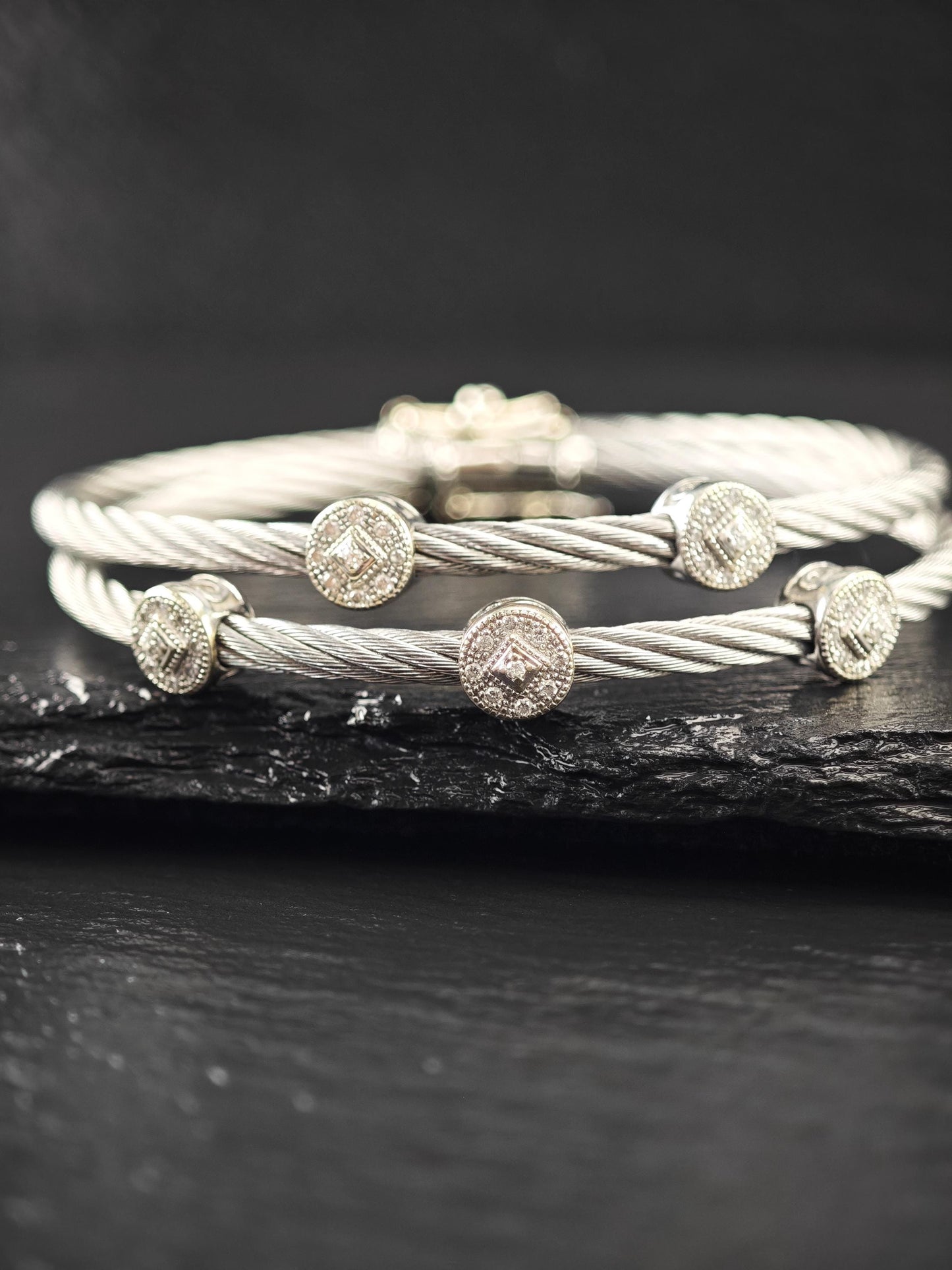 Set of two Charriol 18k Gold, Diamond Station Bangle Bracelet on Steel