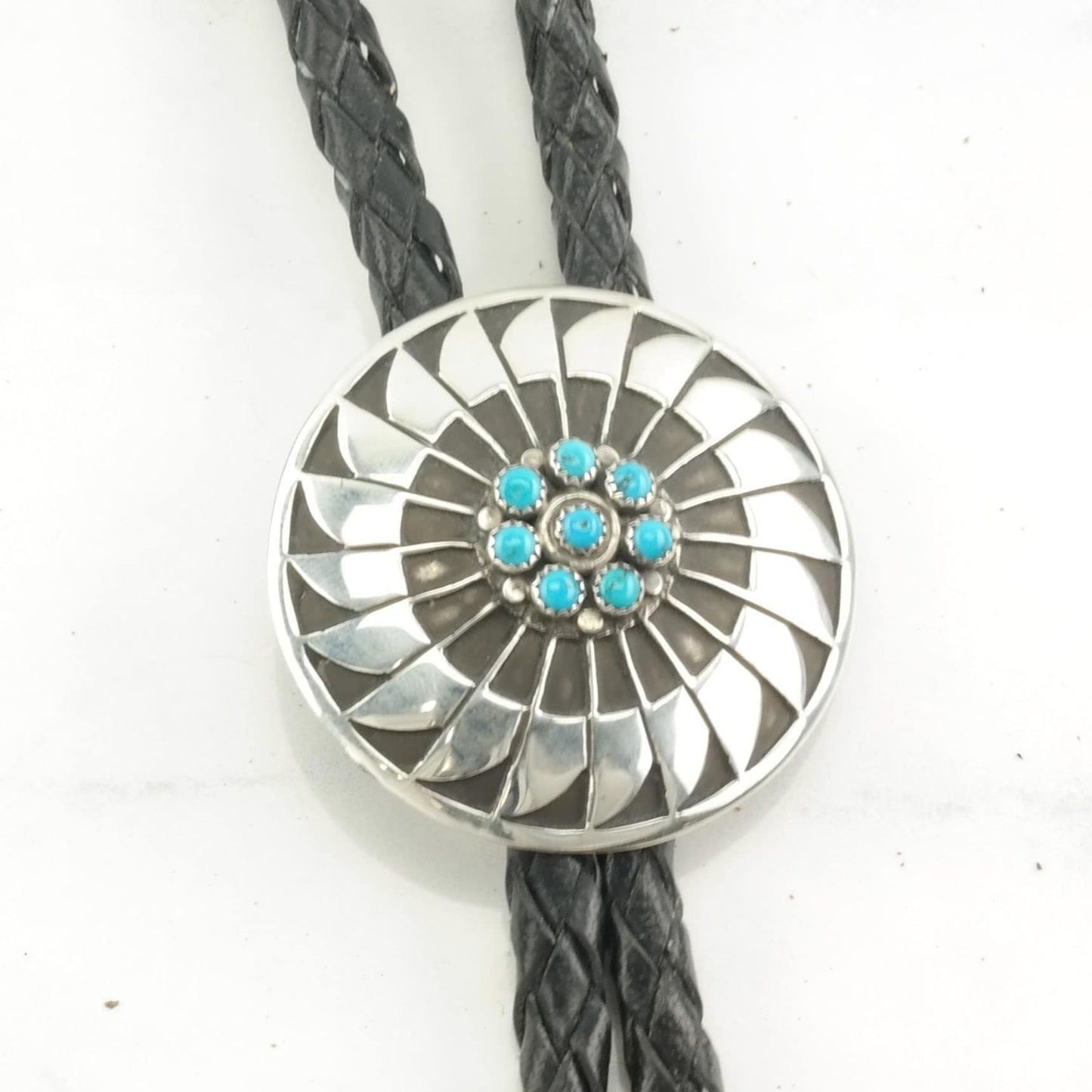 Vintage Native American Sterling Silver Blue Turquoise, Cluster Overlay Bolo Tie Necklace