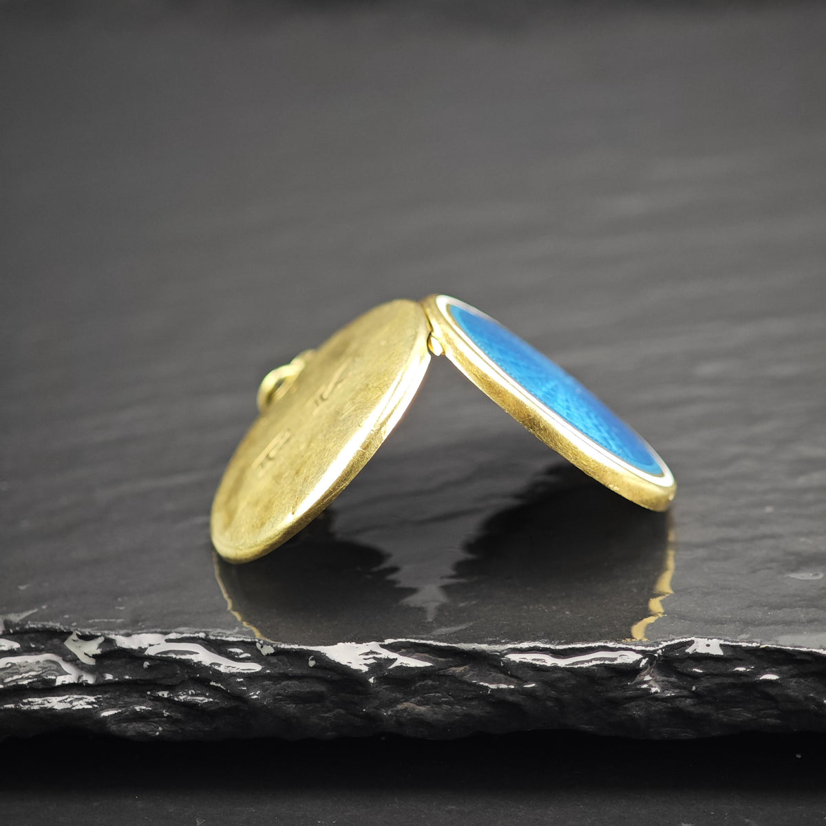 Antique Blue Enamel 14K Gold Locket Pendant Engraved R.K. P3105