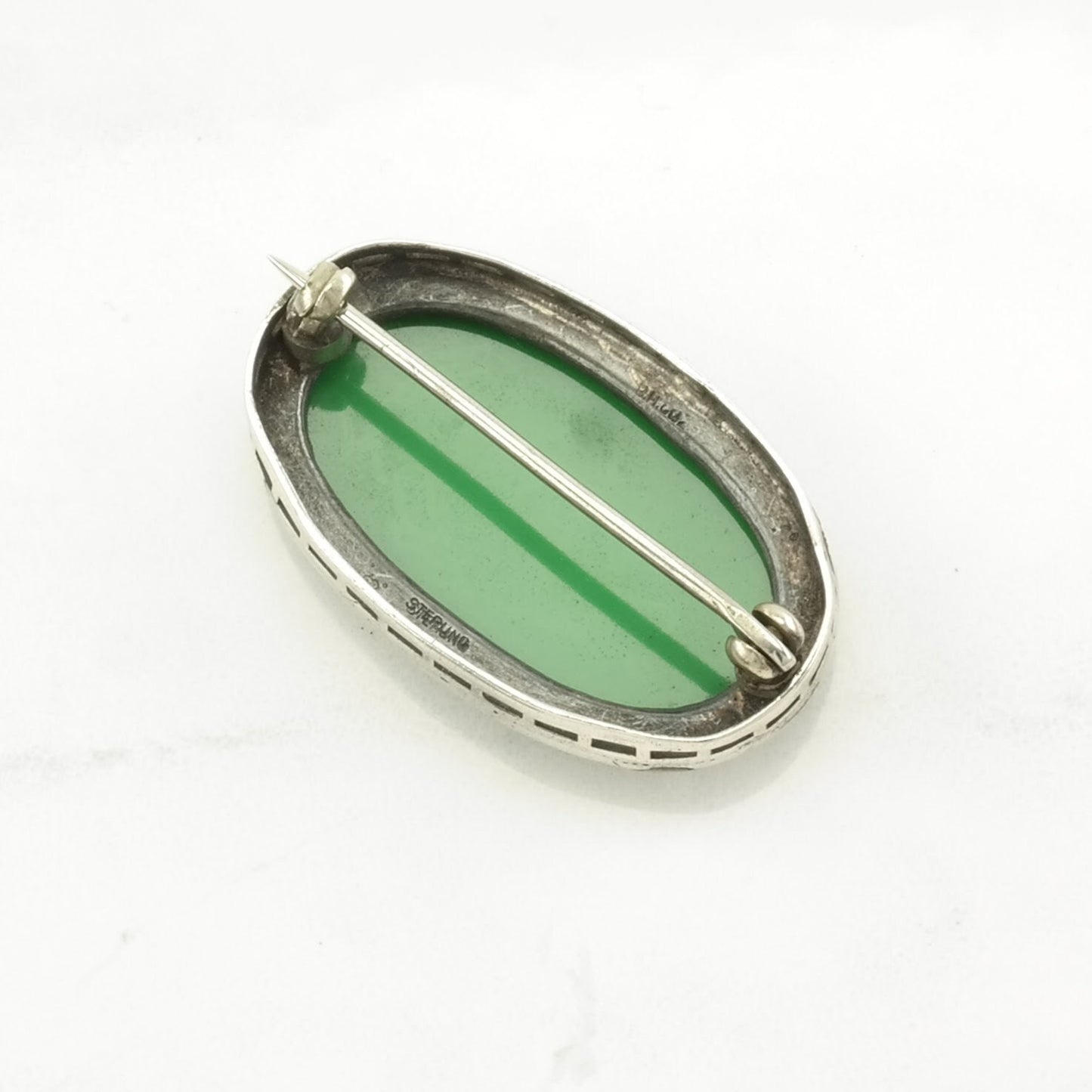 Vintage Green Silver Brooch Paste Created Material Sterling