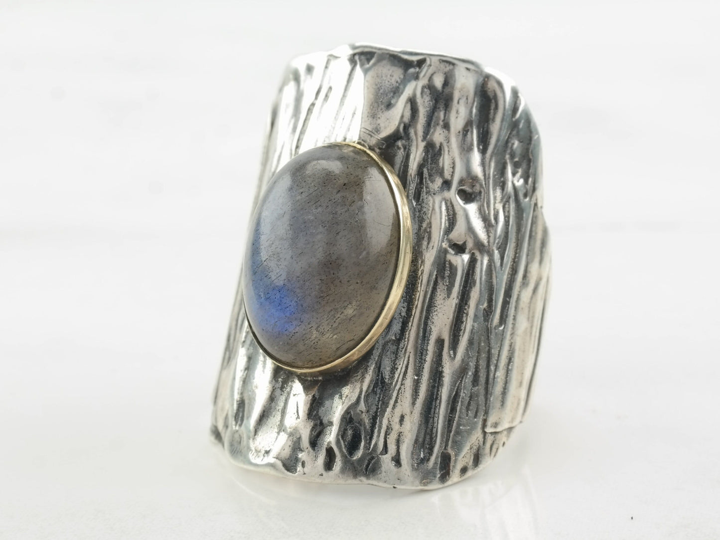 Vintage Modernist Ring Labradorite Textured Band Sterling Silver 7 1/2