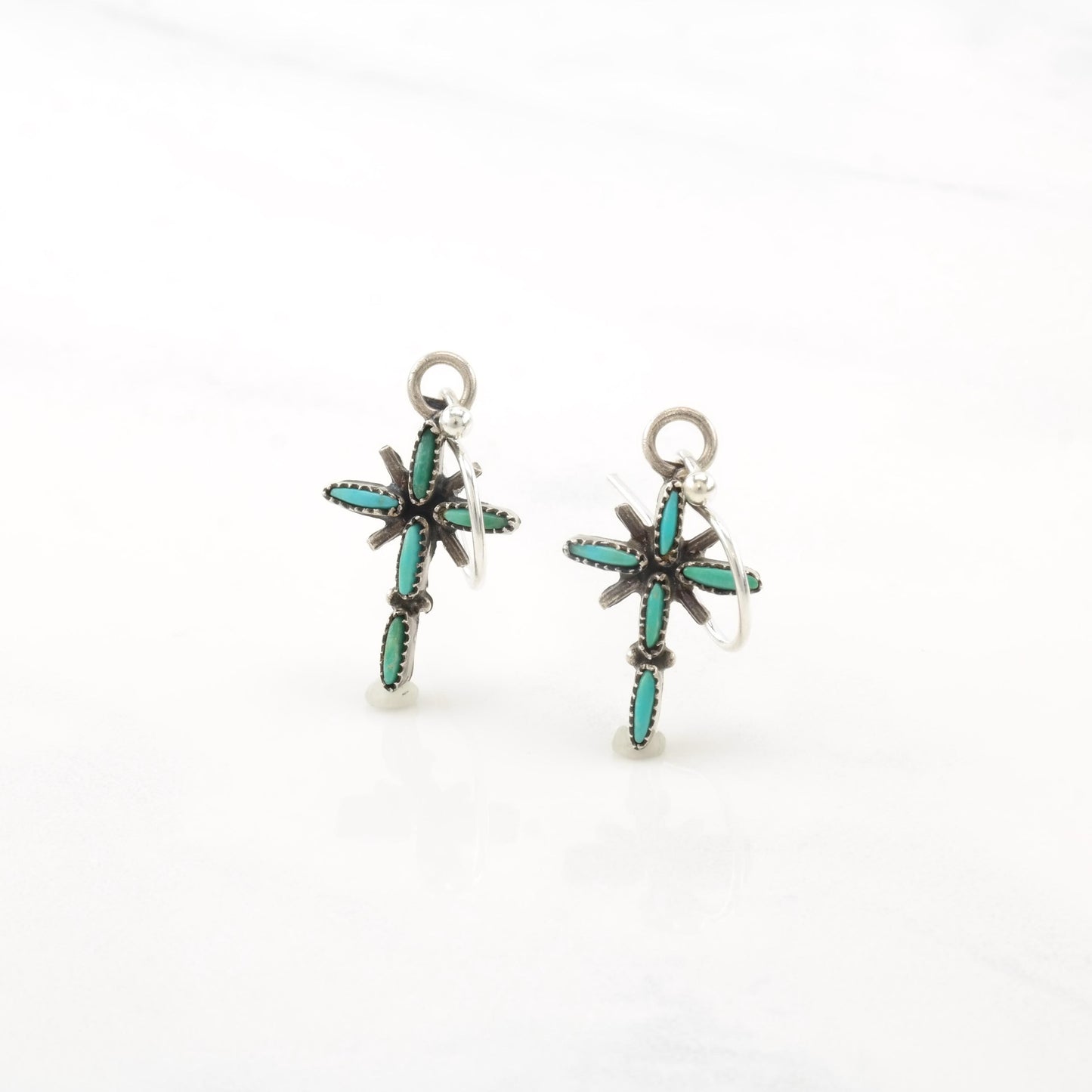 Vintage Native American Green, Blue Turquoise Cross Sterling Silver Fish Hook Earrings