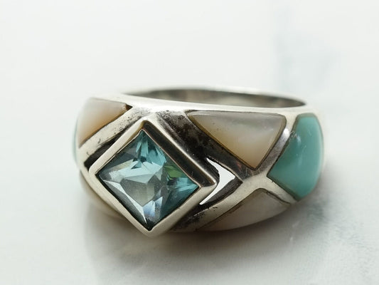 Sterling Silver Ring CZ Turquoise MOP Size 5