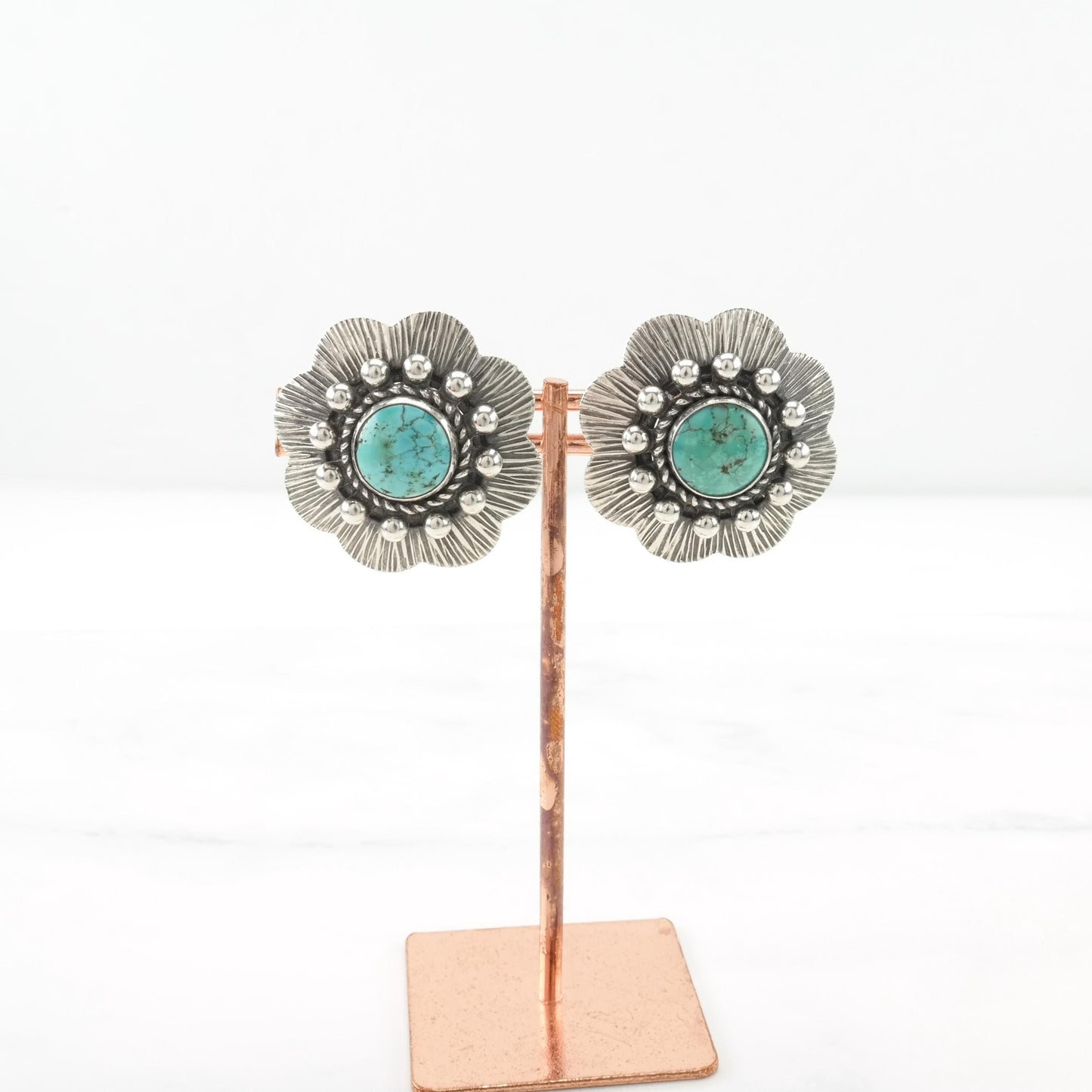 Vintage Blue Turquoise Floral Screw Back Earrings out of Sterling Silver