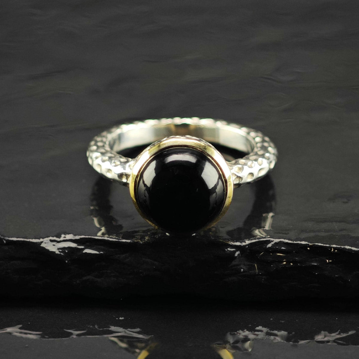 Vintage Midas Onyx 14K Gold Bezel Sterling Silver Ring Sz 7 R6859