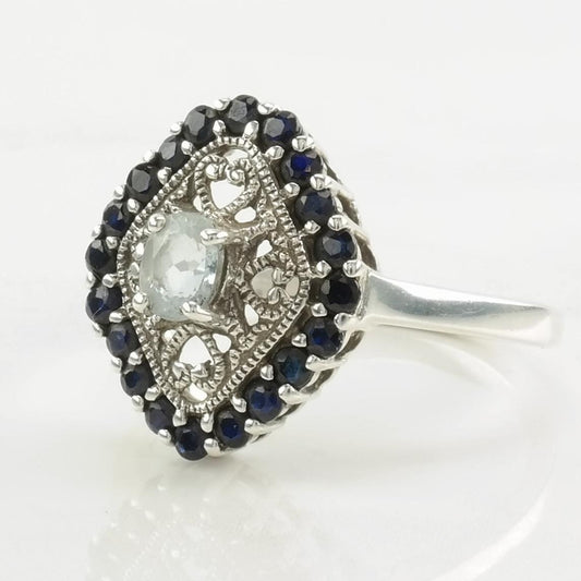 Vintage Sterling Silver Ring Aquamarine Sapphire, Filigree Dark Blue Size 10