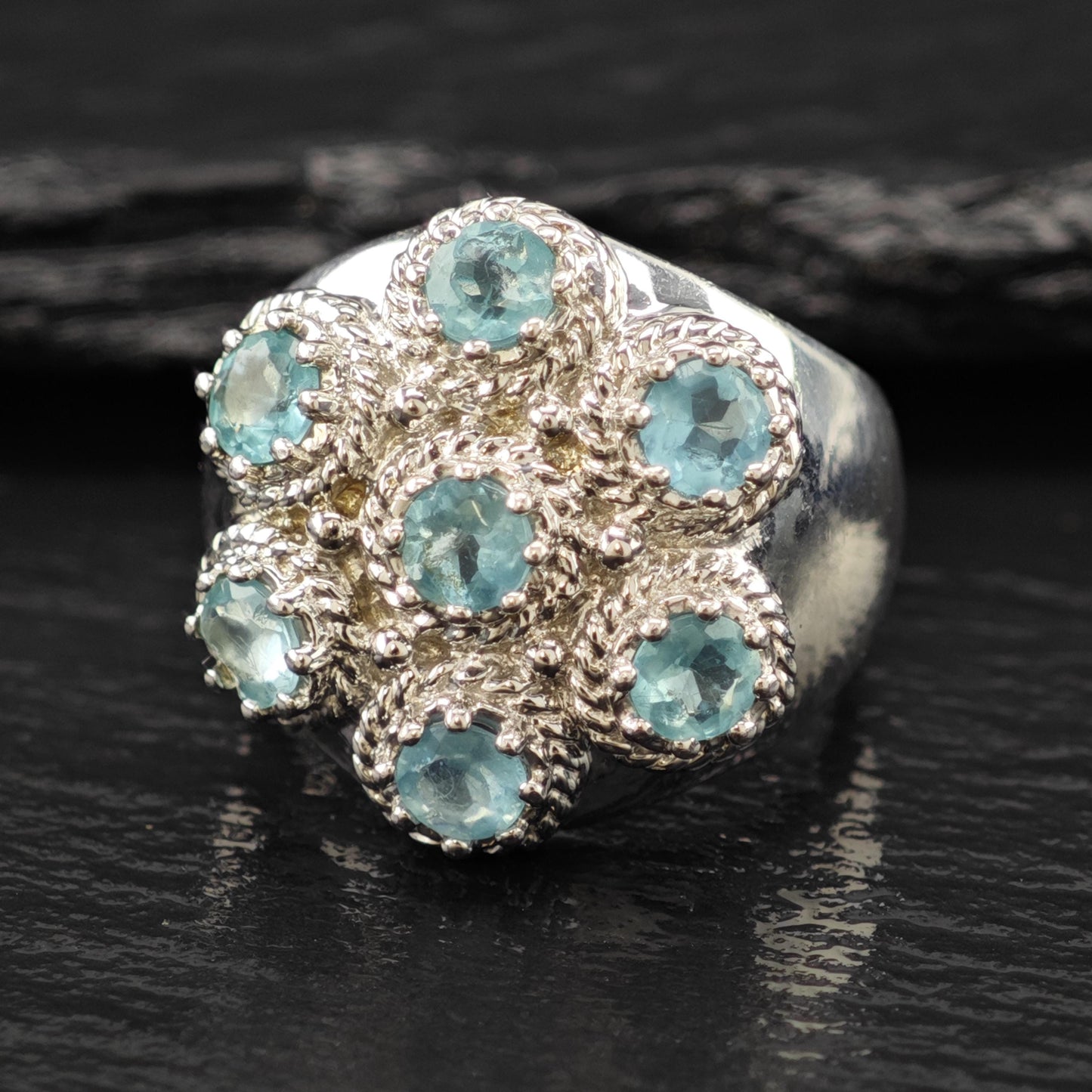 Blue Gemstone Floral Ring Sterling Silver Sz 7 R6148